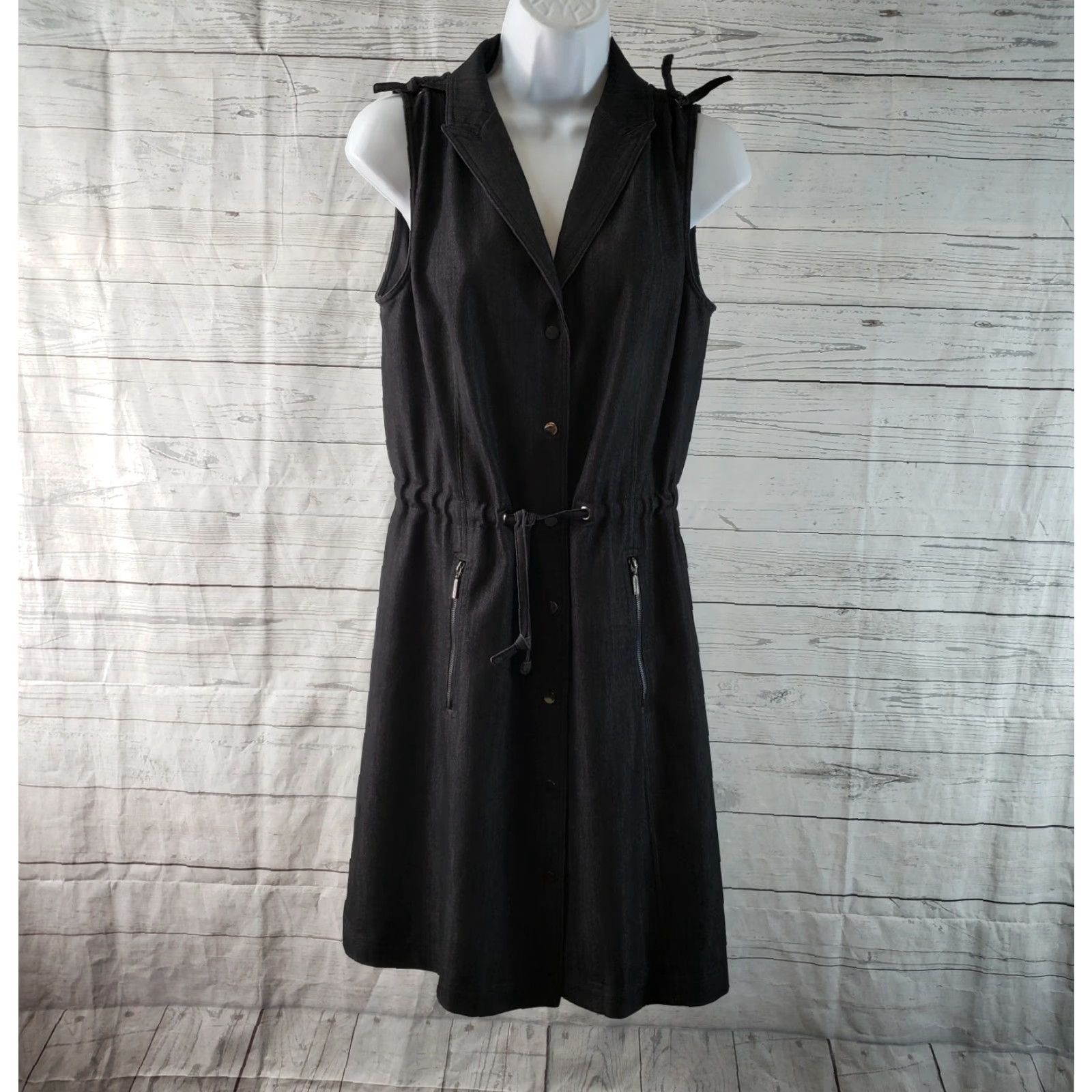 Calvin Klein Calvin Klein Womens Dress Sz 10 Black Sleeveless A-Line Knee Length Snap Buttons Drawstring Waist Collared Neckline Regular Womens Size L / US 10 / IT 46 - 2 Thumbnail