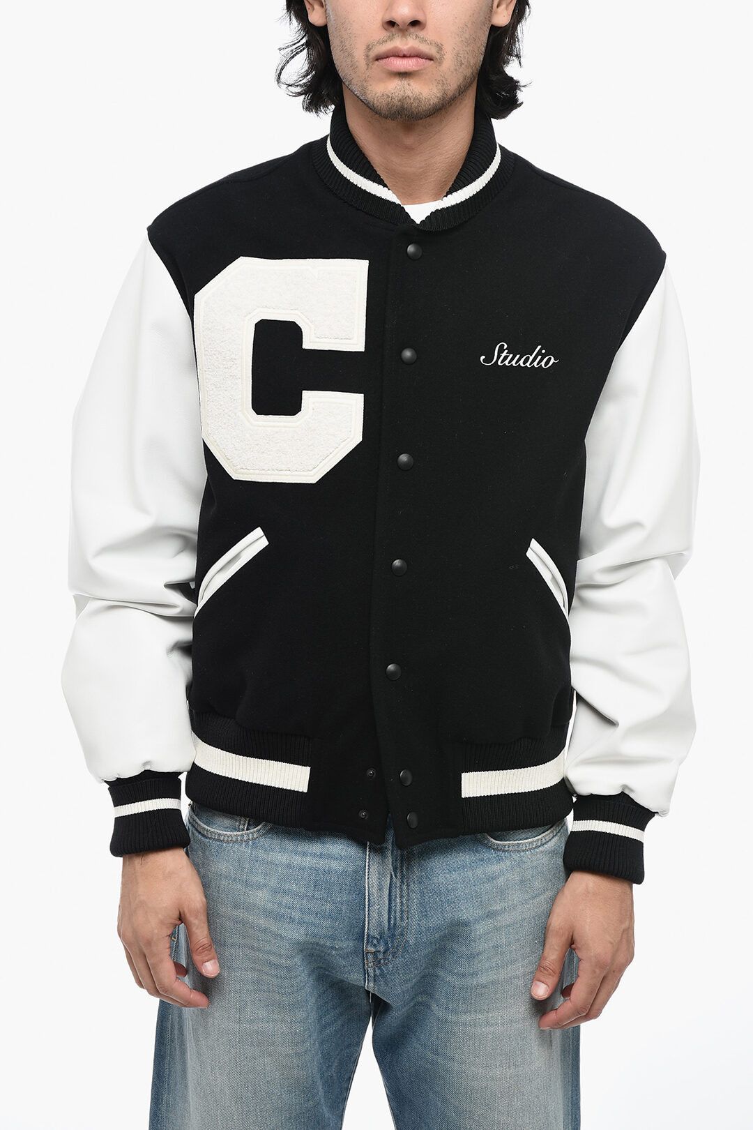 og1mm1024 Leather Sleeves Bomber Jacket in Black White