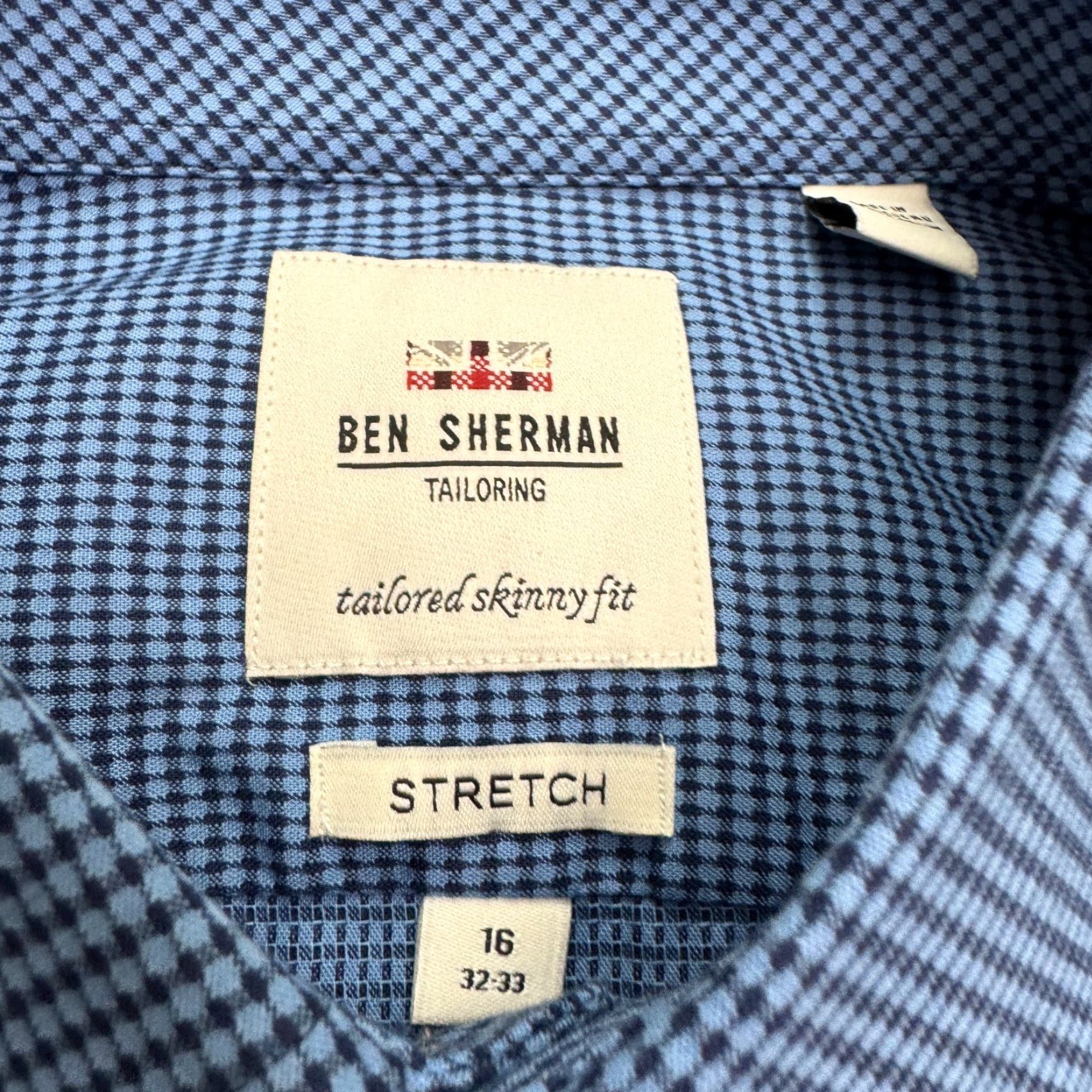 Ben Sherman Tailored Skinny Fit Stretch Dress Shirt Men 16 32/33 Micro  Check NWT Blue