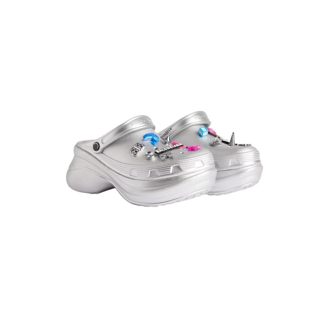 BALENCIAGA $965 Women's Silver Rubber With Pins Mules New &