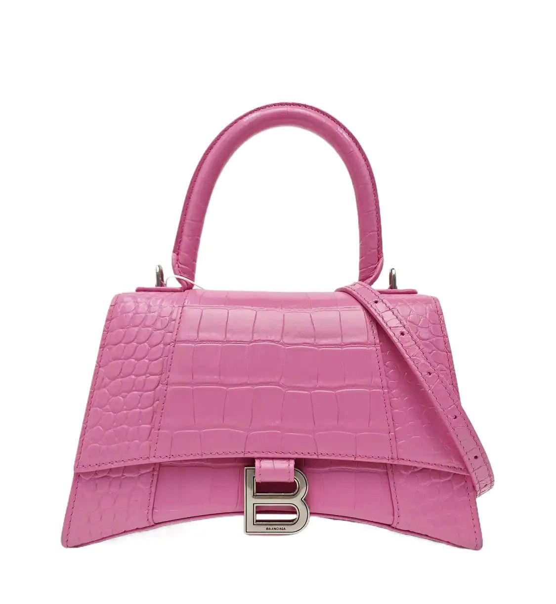 Balenciaga Hourglass Pink Cowhide Leather Crocodile Hourglass Shoulder Bag Handb, Women's
