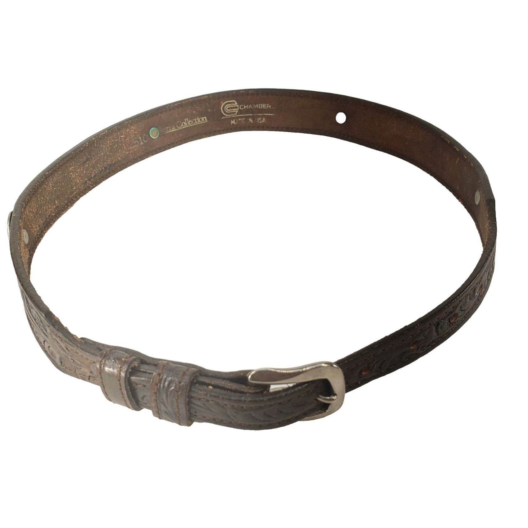 Vintage Chamber Collection Women Belt Brown Tooled Leather 1” Silver Conchos Size 30 Western Buckle Adjustable Vintage: No Size ONE SIZE - 3 Thumbnail