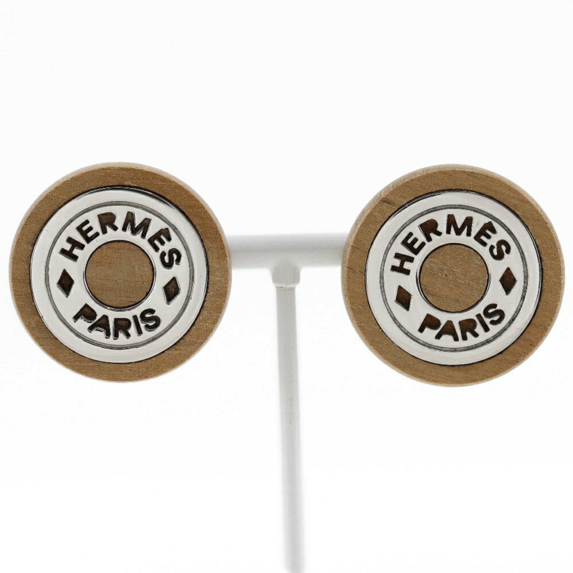 image of Hermes Earrings Serie Wood X Metal Made In France Silver Approx. 20.6G Ladies in Brown, Women's