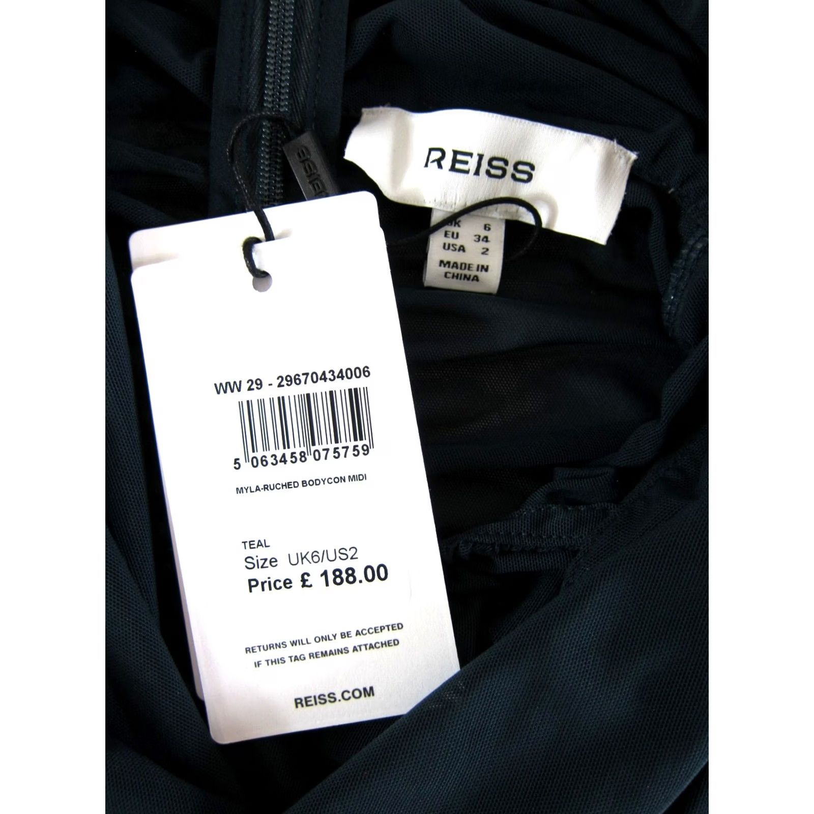 Reiss REISS Myla Dress Bodycon Midi NWT Size 2 Green Teal Stretch Long Sleeve High Neck Back Zip Modern Classic Women Size XS / US 0-2 / IT 36-38 - 4 Thumbnail