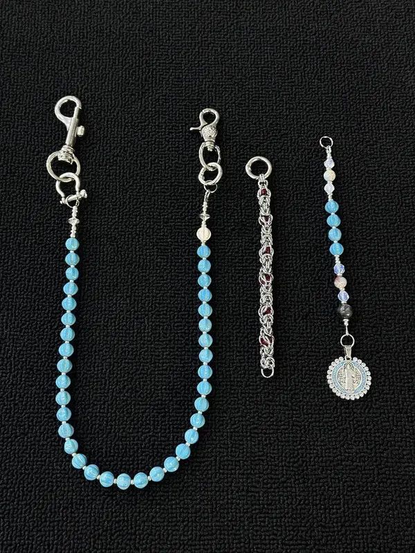 Jewelry Blue Beaded Chain Wallet Key Holder, Silver Clasp Size ONE SIZE - 7 Thumbnail