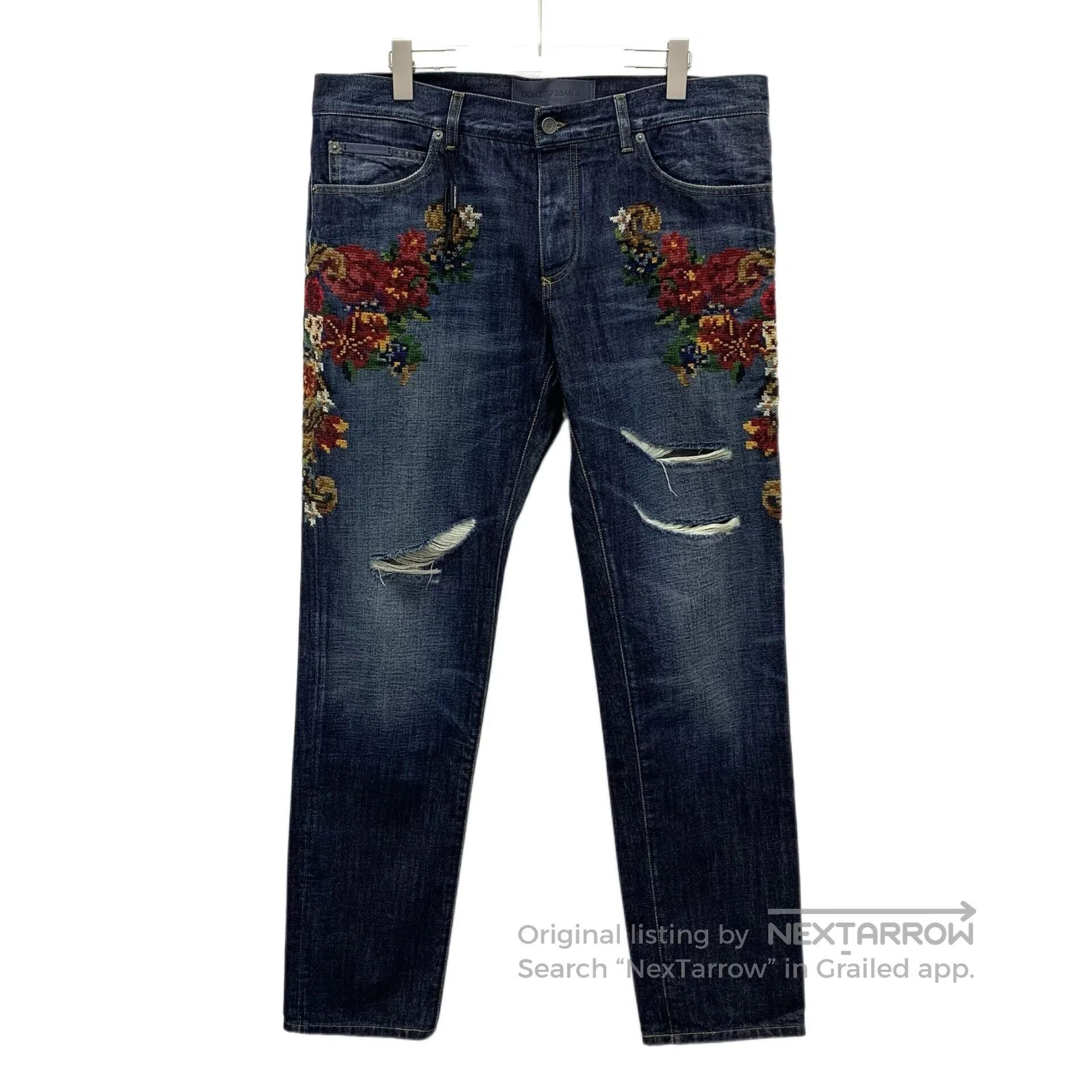Dolce & Gabbana Dolce Gabbana Dark blue distressed floral embroidery desig Size US 36 / EU 52 - 1 Thumbnail