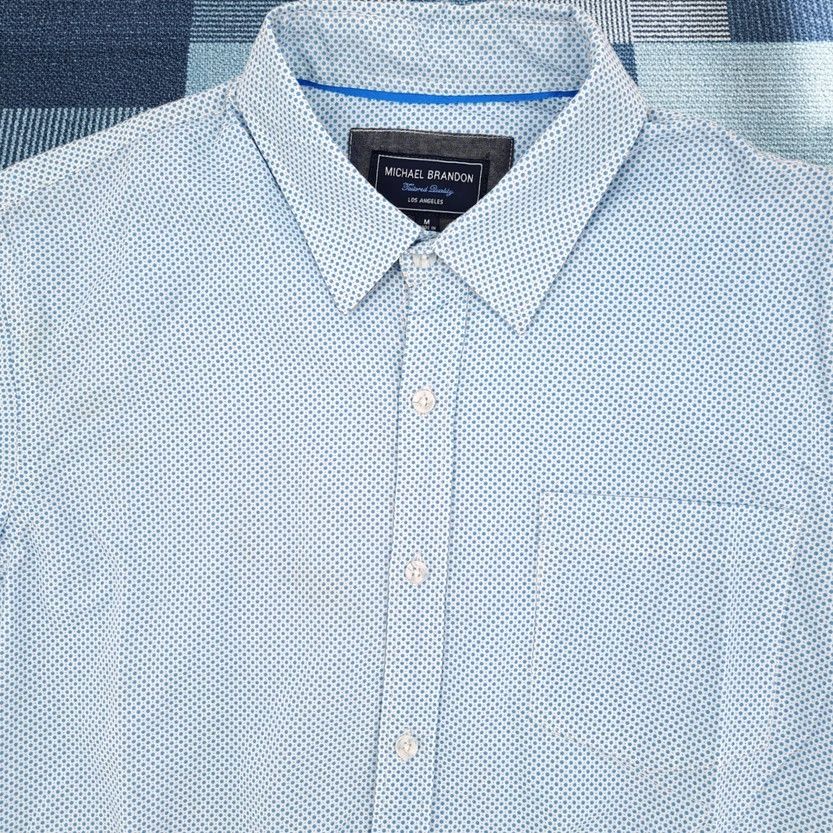 Vintage Michael Brandon Button-Down Shirt Mens M Cotton Blue White Micro Dot Long Slv Size US M / EU 48-50 / 2 - 1 Thumbnail