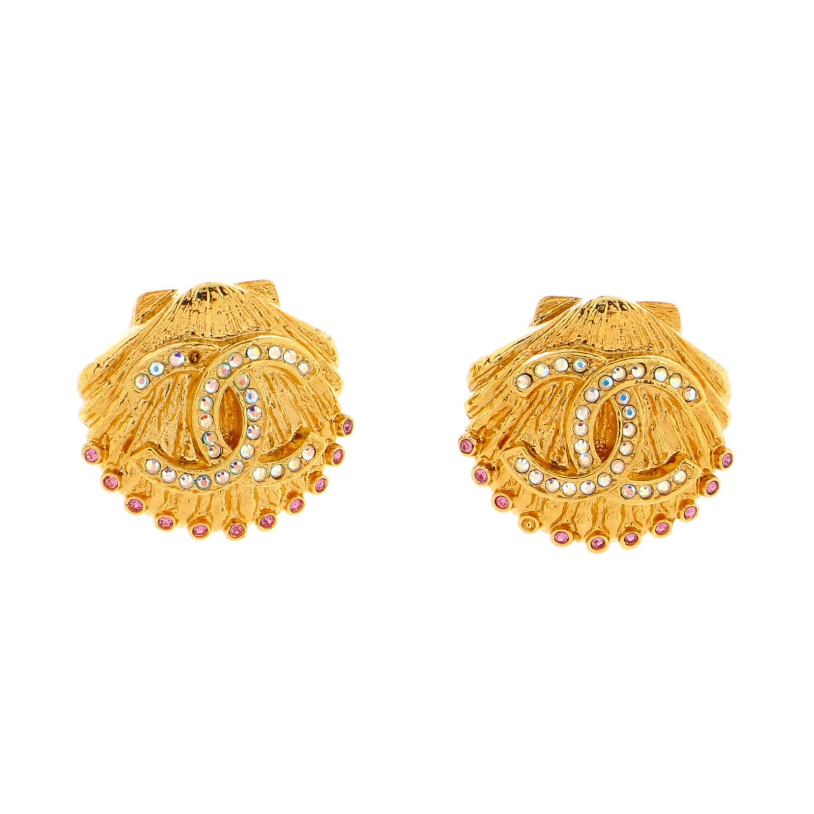 image of Chanel Cc Shell Stud Earrings Metal With Crystals None in Gold, Women's