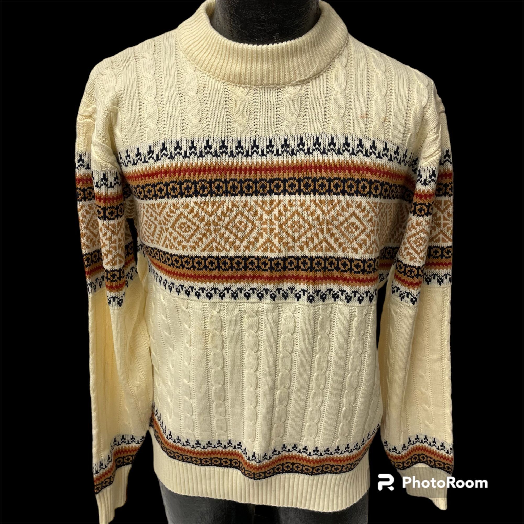 60’s JCPenney Cream KNIT Fair Isle NORDIC Winter Sweater L