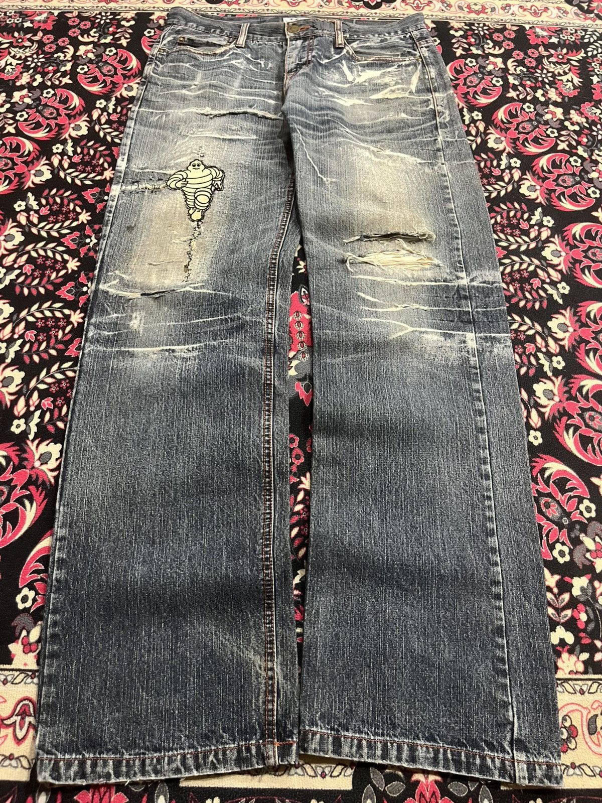 Le Grande Bleu (L.G.B.) ⚡️Distressed⚡️Vintage Lowbox “Michelin” Patches Whisker Jeans Size US 32 / EU 48 - 1 Thumbnail