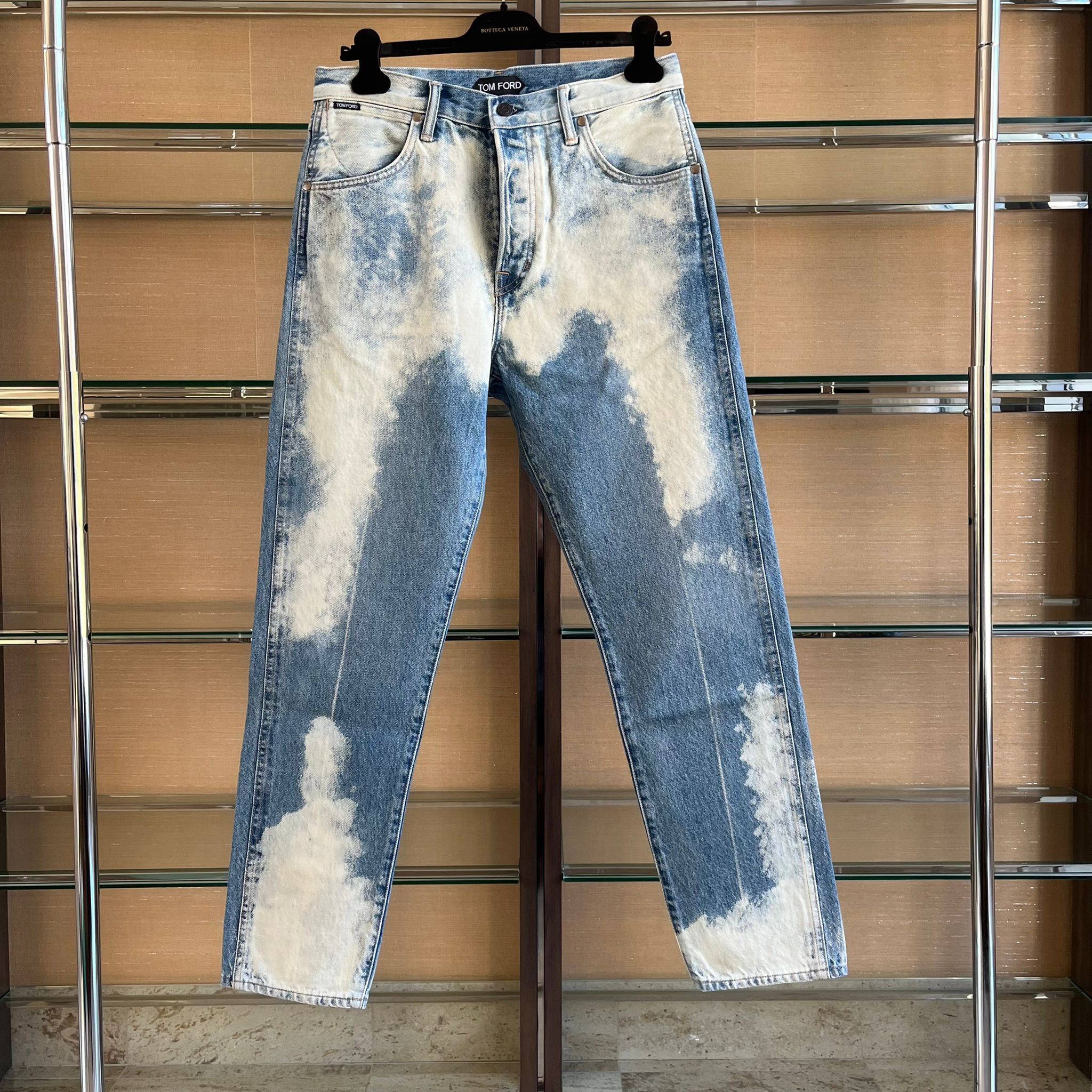 Bleach Spot Tapered Denim in Blue & White