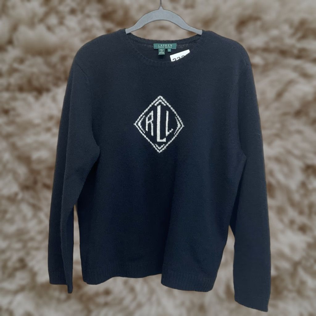 VINTAGE Lauren Ralph Lauren Sweater Women's 2X Black Wool Knit Crew Neck Logo Front