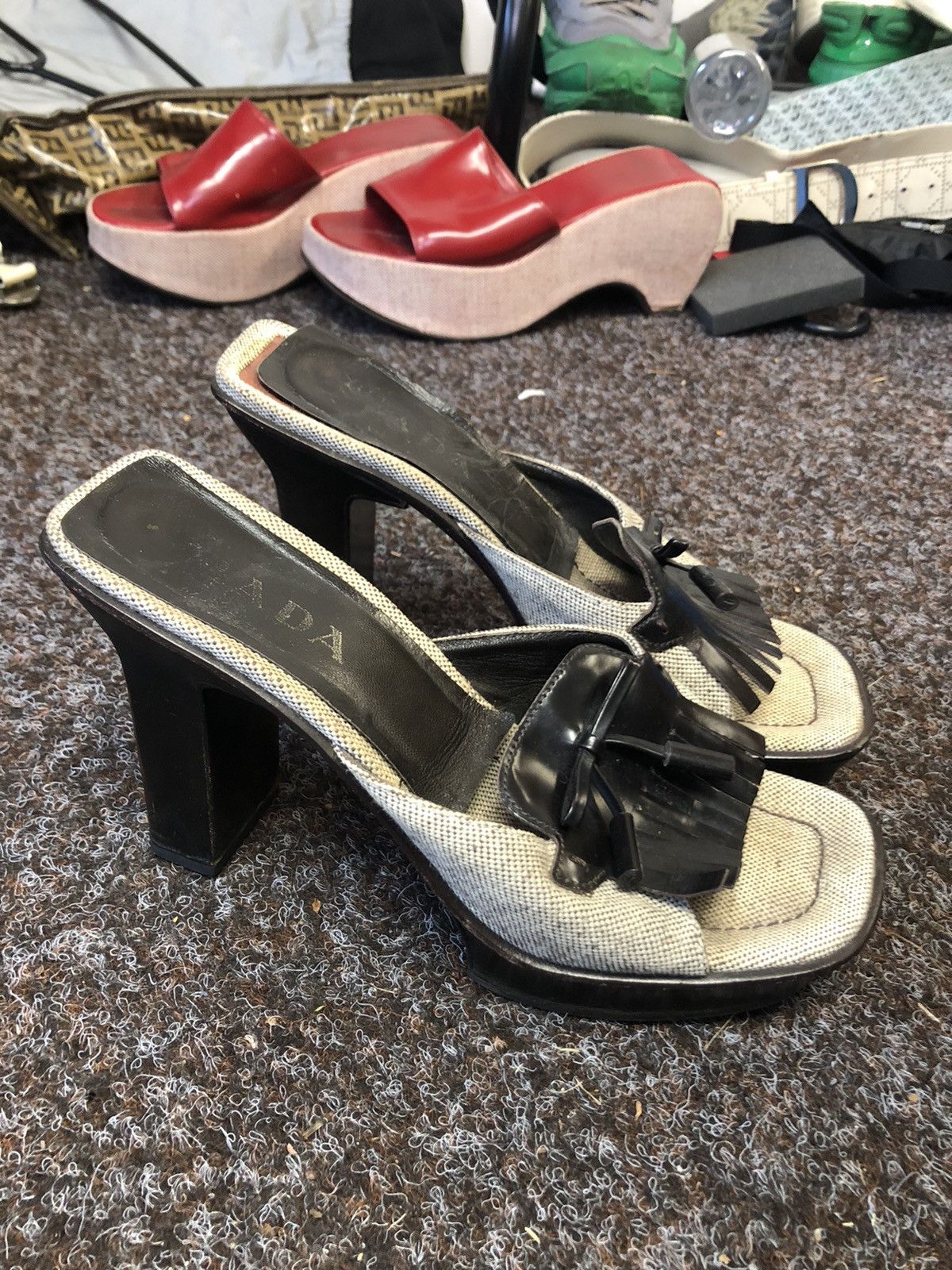 image of Prada Ss1999 Canvas Speckled Runway Sandals Heel Shoes in Ivory, Women's (Size 8.5)