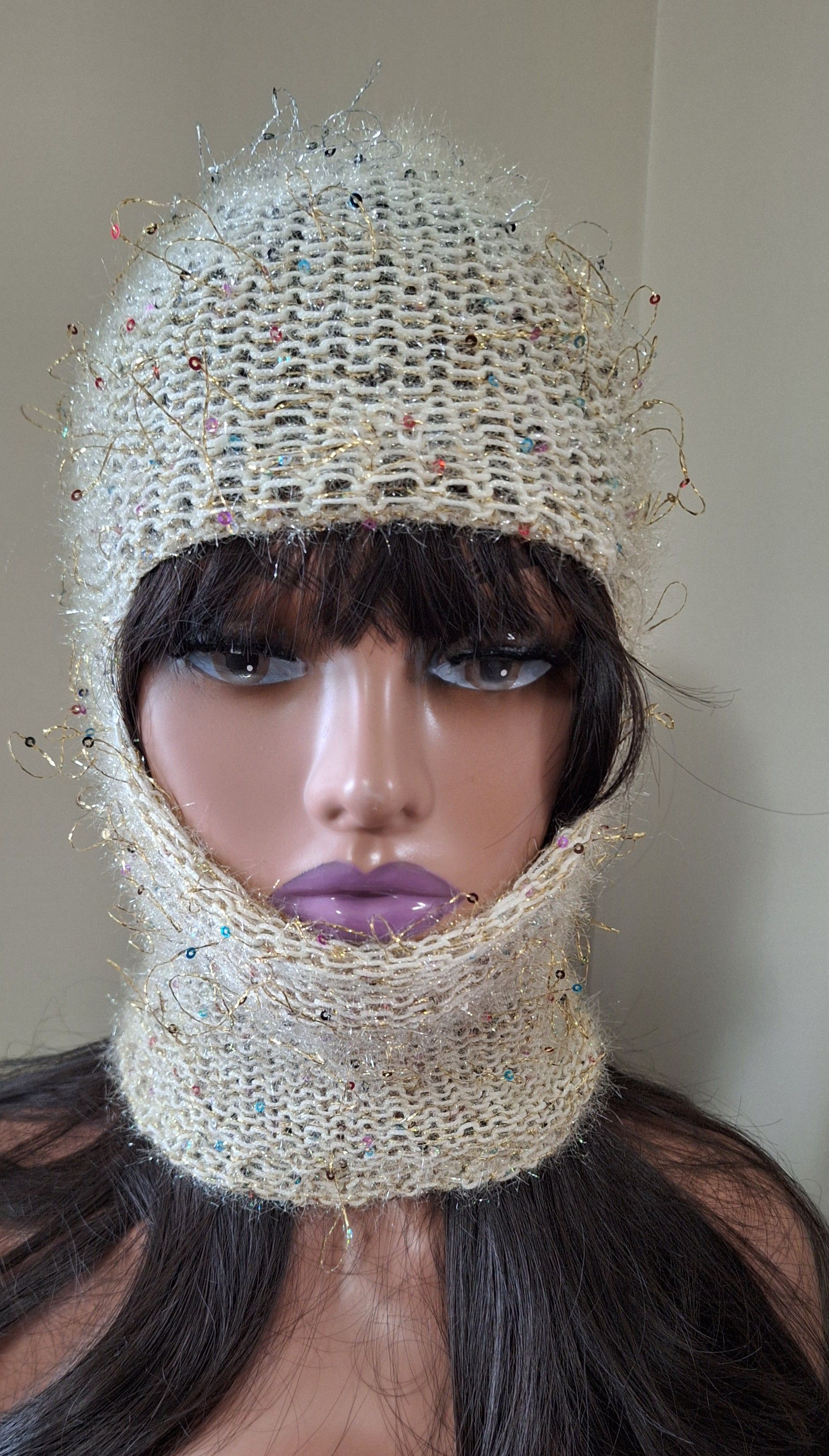 Other Cream Knit Hood w/ Sequins, Avantgarde Artwear , Tinsel Riot Size ONE SIZE - 1 Thumbnail