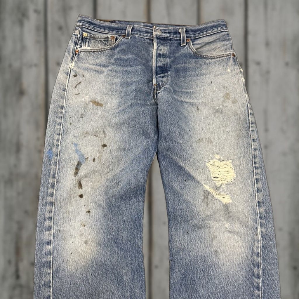 VINTAGE Levi's 501 Jeans Button Fly Distressed Paint Splattered Blue 34x30 Regular Fit 32x30 Men’s Denim