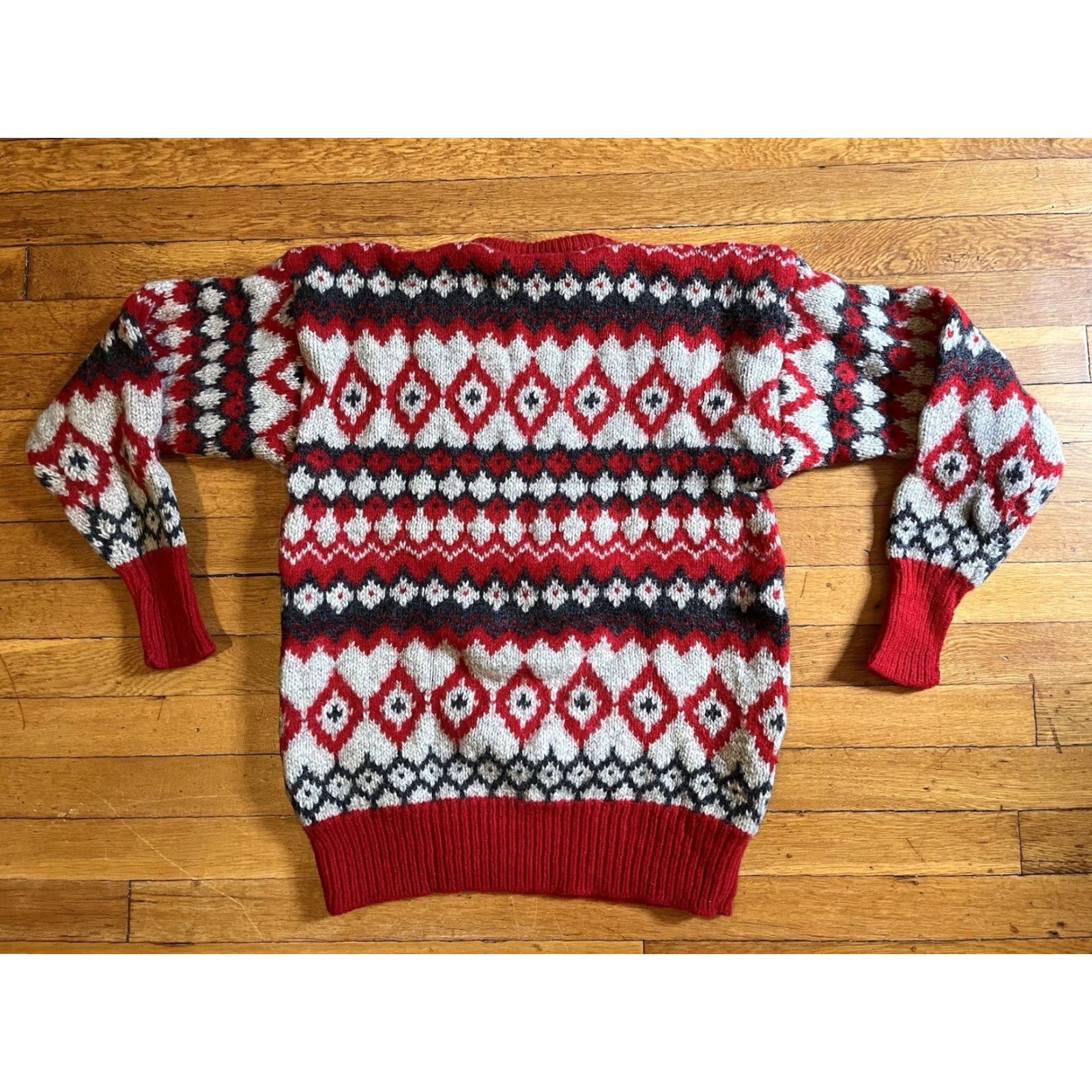 Nordstrom VINTAGE Nordstrom Shetland Wool Fair Isle Sweater Women’s Large Red White Size L / US 10 / IT 46 - 6 Thumbnail