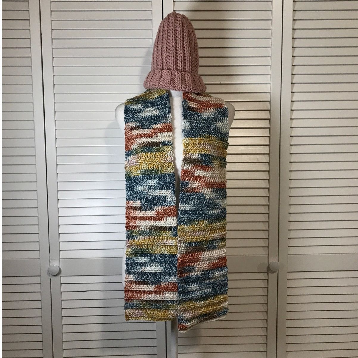 Handmade NWT Handmade Crocheted Multicolor Beanie & Scarf 61” Size ONE SIZE - 1 Thumbnail