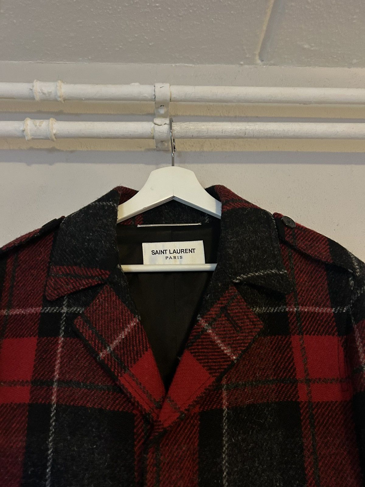 Saint Laurent Paris Saint Laurent Red & Black Tartan Wool Overcoat Size US M / EU 48-50 / 2 - 2 Thumbnail