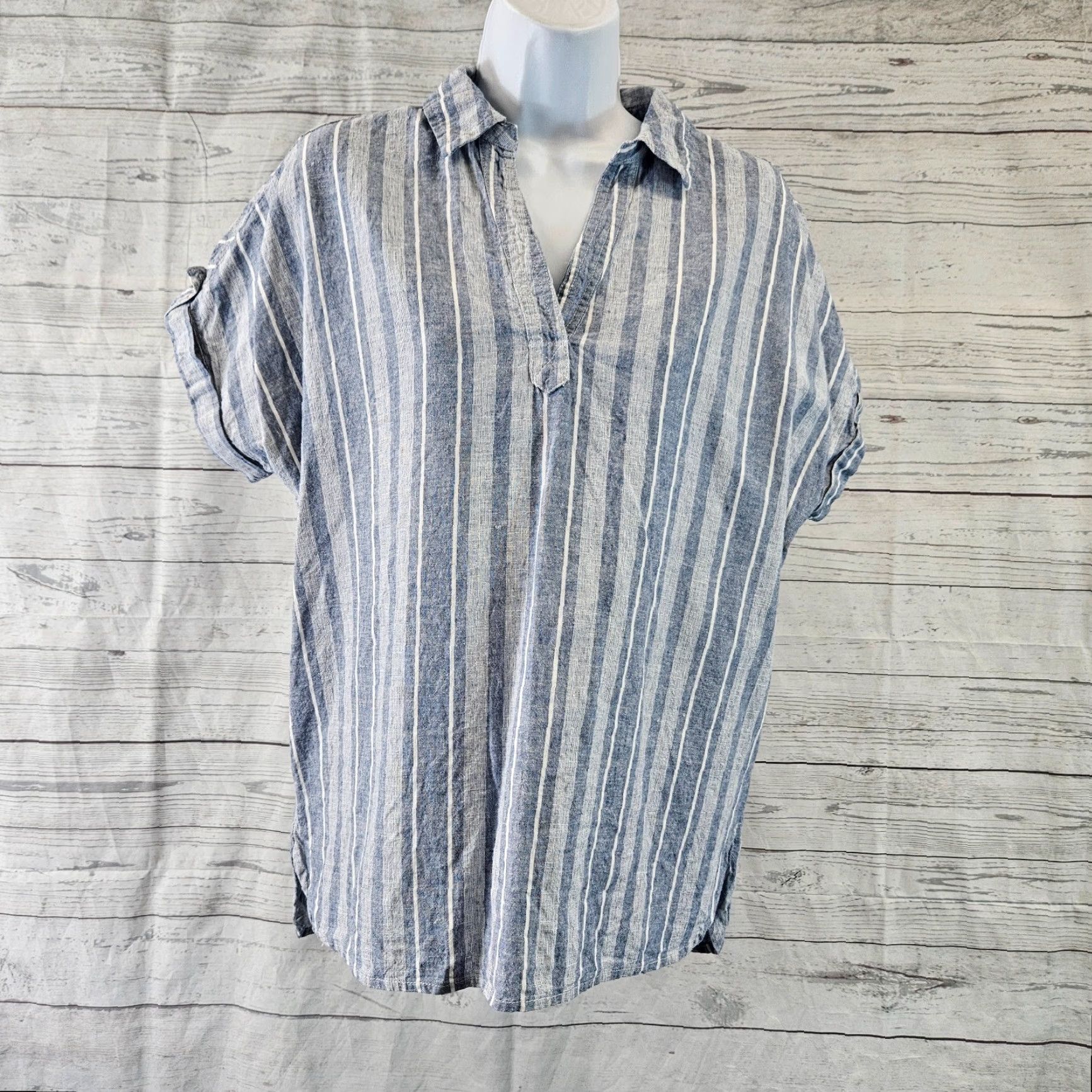Vintage Sigrid Olsen Womens Top Blouse Sz S Short Sleeve Blue Stripe Linen Cotton Collared Shirt Womens Size S / US 4 / IT 40 - 2 Thumbnail