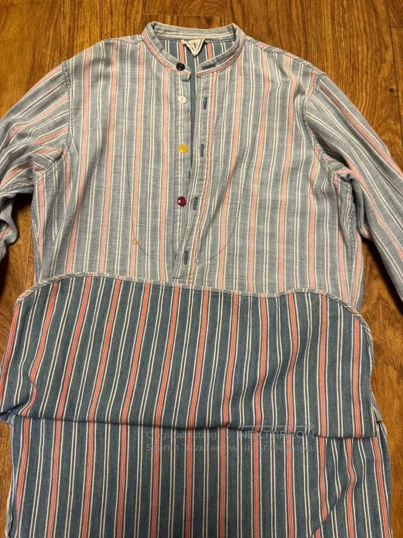 Japanese Brand 45R Washed Indigo Stripe Henley Shirt. Size US M / EU 48-50 / 2 - 3 Thumbnail