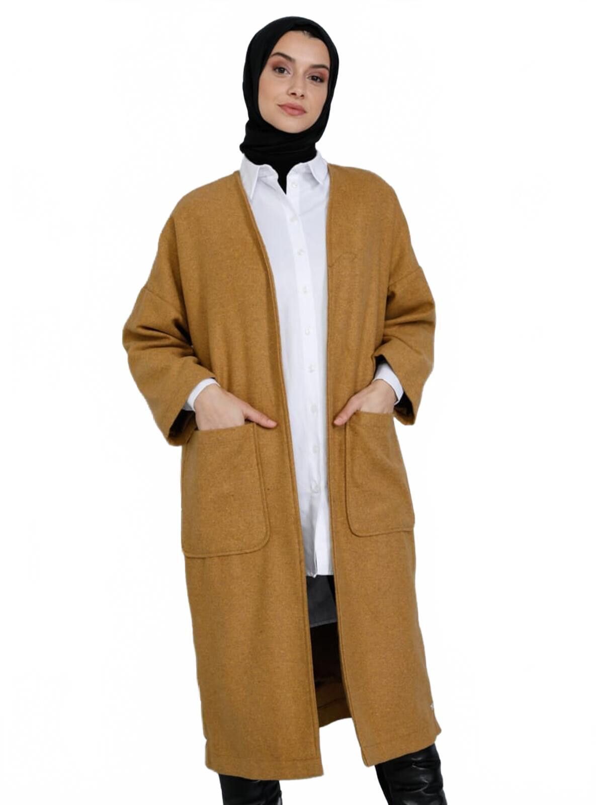 The Unbranded Brand Long Camel Open Front Cardigan Coat with Side Button Detail Size XXL / US 16-18 / IT 52-54 - 2 Thumbnail