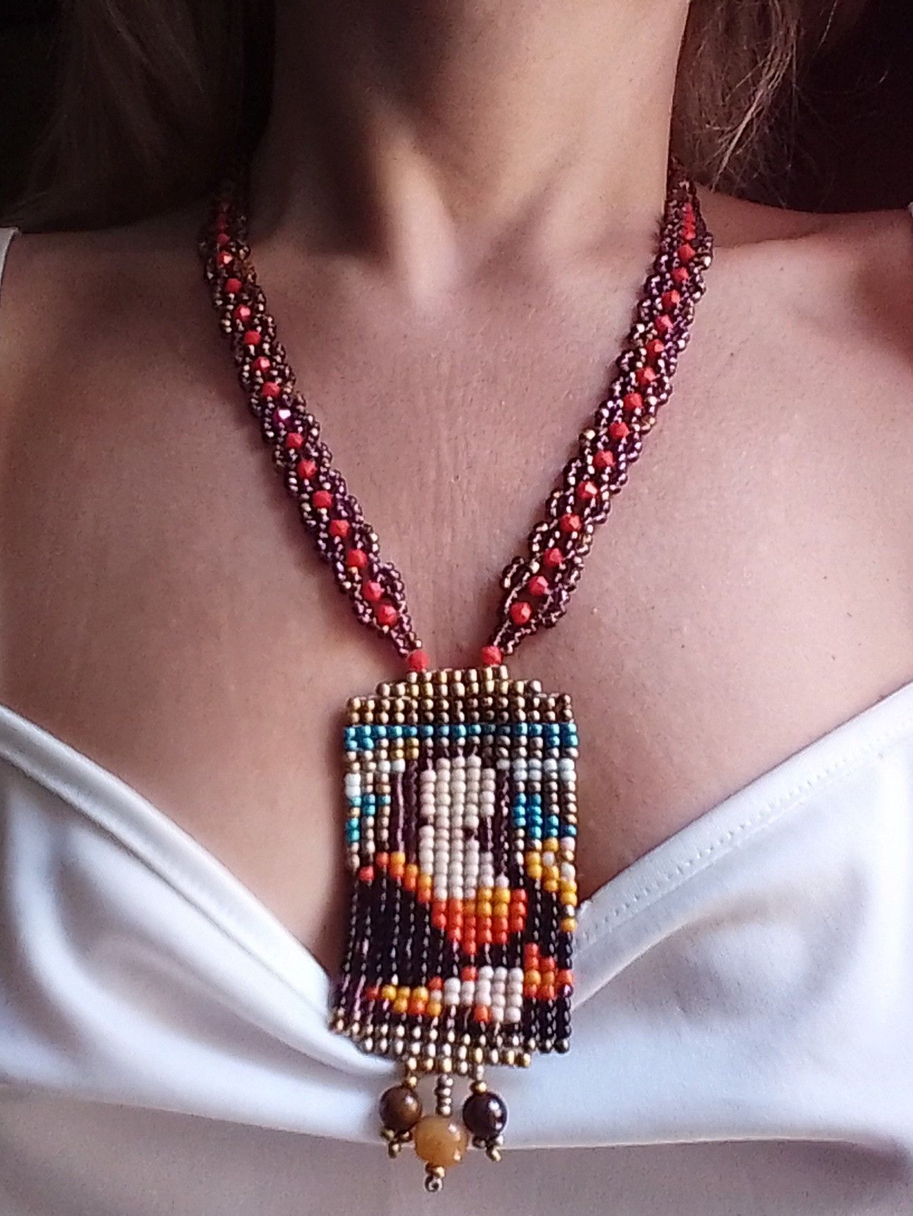 Handmade Long Boho Necklace Mona Lisa pendant natural gemstones Size ONE SIZE - 5 Thumbnail