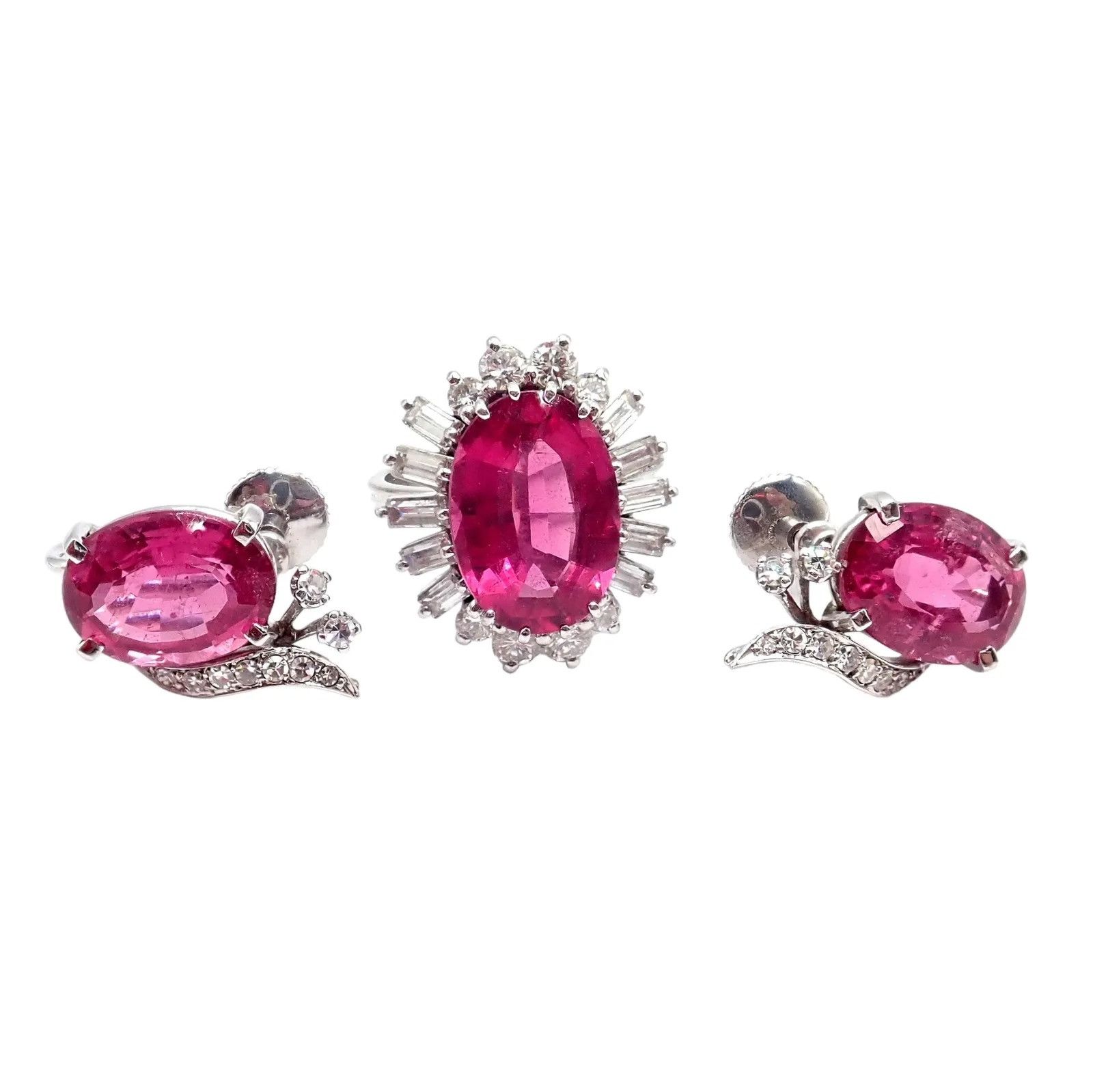 image of Vintage 18K White Gold Diamond Pink Tourmaline Ring + Earrings Set in White Gold Pink, Women's