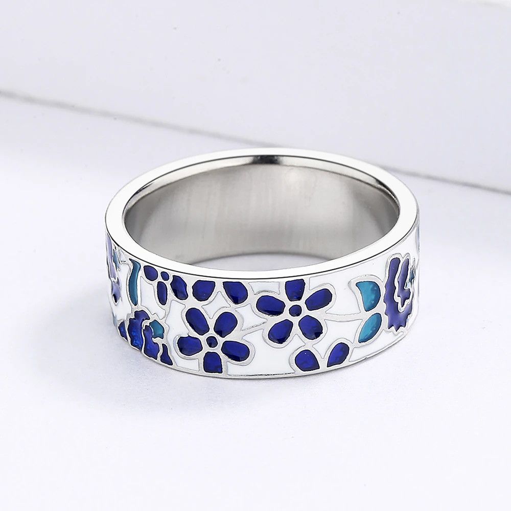 Jewelry Blue Enamel Flower Ring Size ONE SIZE - 4 Thumbnail