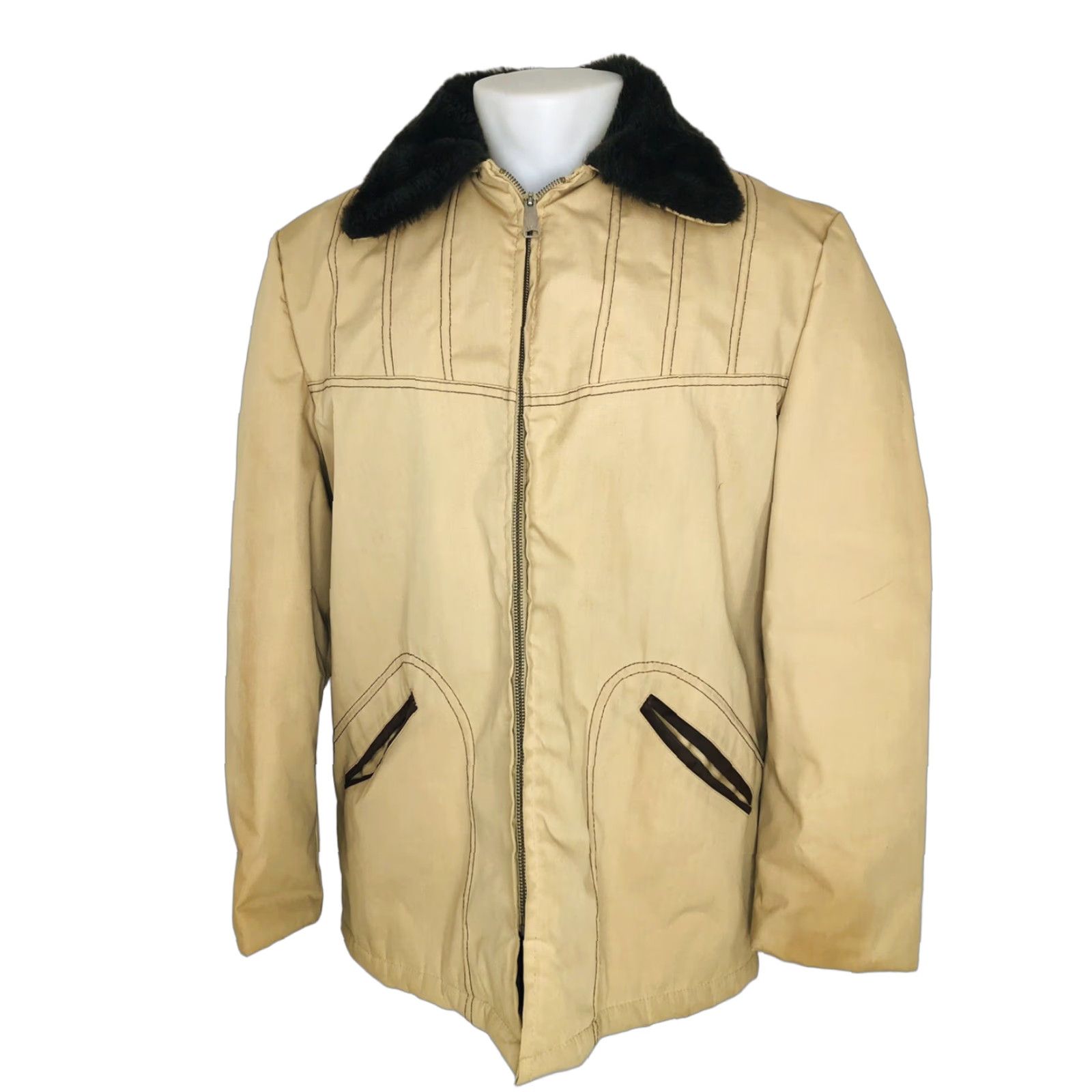Sears VINTAGE Sears Mens Store OUTERWEAR Field Jacket 44 Tan Faux Fur Ranch Western Chore Jacket Mens Size US S / EU 44-46 / 1 - 1 Thumbnail