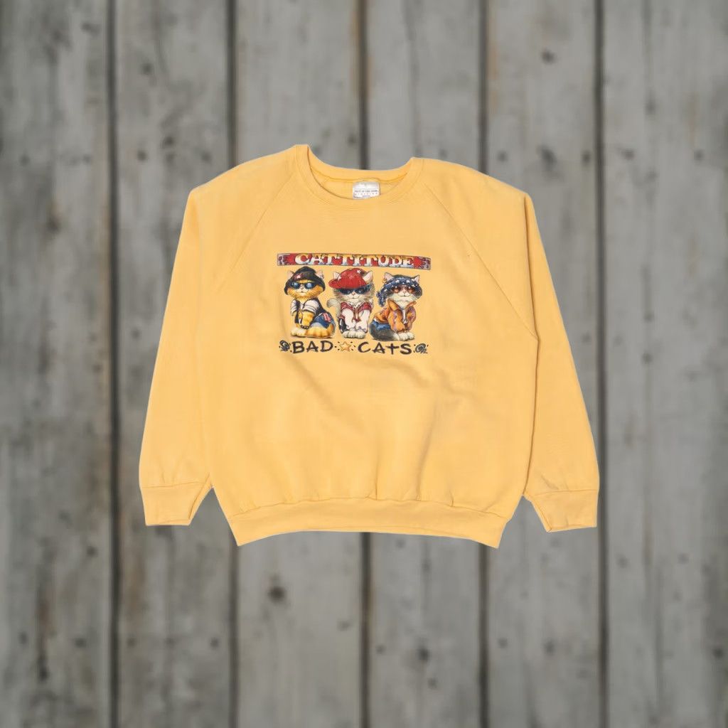 Fruit Of The Loom Vintage Fruit of the Loom Yellow "Cattitude" Bad Cats Sweatshirt Large, Long Sleeve, Cotton / Polyester, Mexico, Regular, Good Women? Mens? (adapted) Size US L / EU 52-54 / 3 - 1 Thumbnail