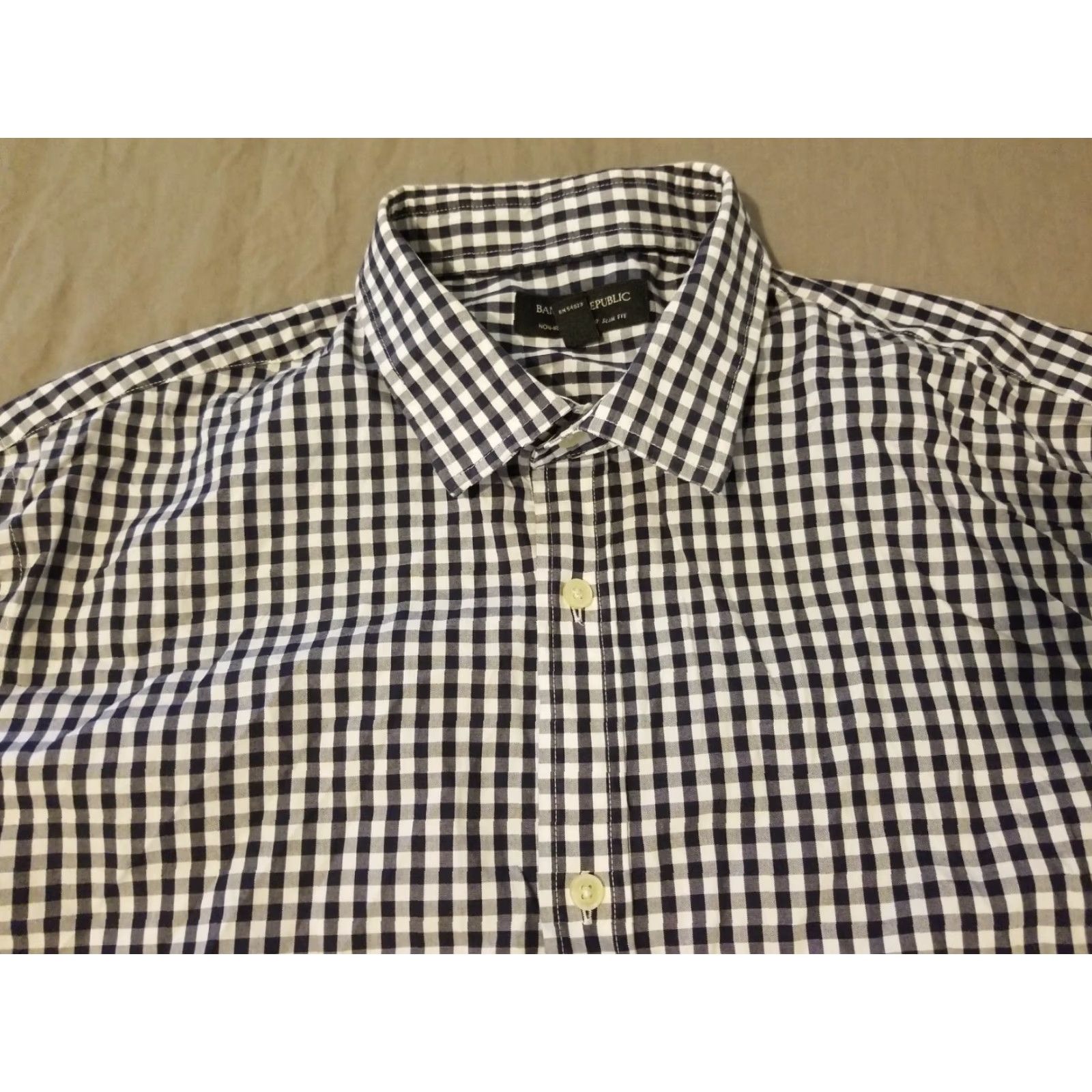 Banana Republic VINTAGE Banana Republic Dress Shirt Navy Blue Cotton XL 17.5 35 36 Men’s Shirt Slim Check Spread Collar Long Sleeve Mens Size 48R - 2 Thumbnail