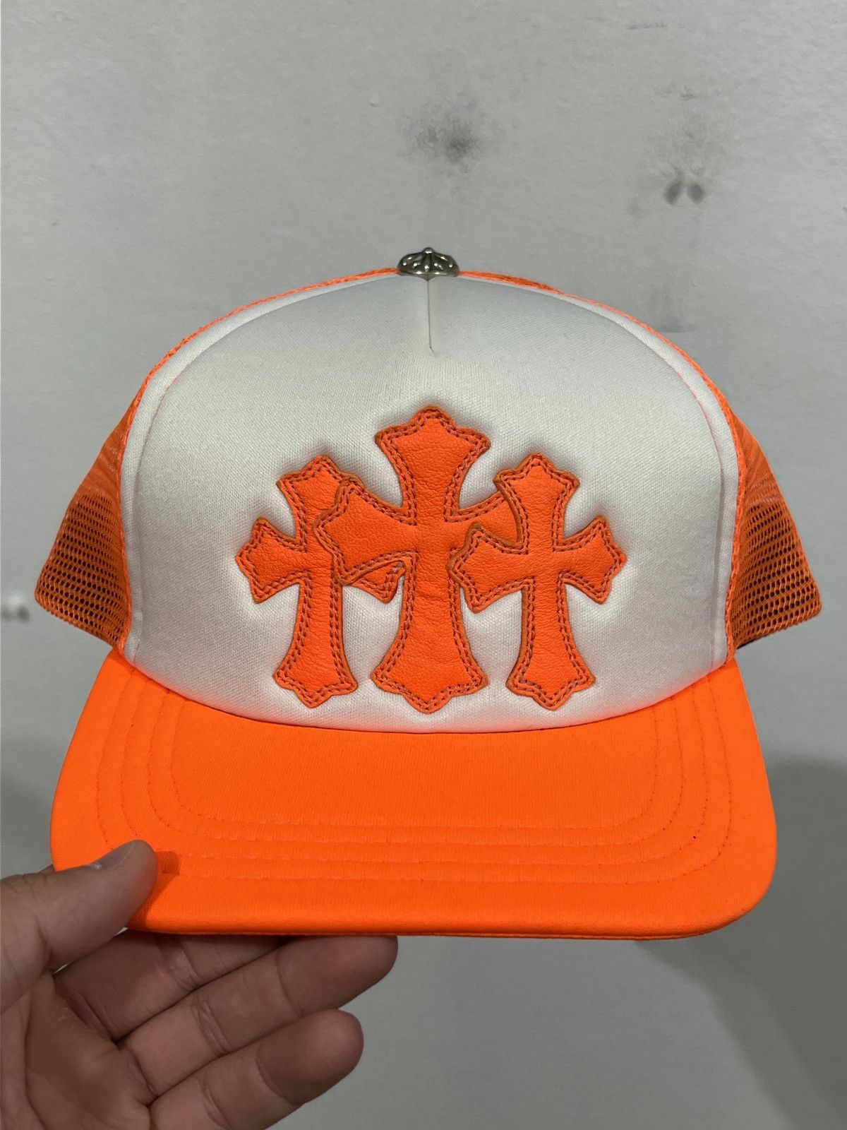 Chrome Hearts Cemetery Cross Neon Orange Trucker Cap