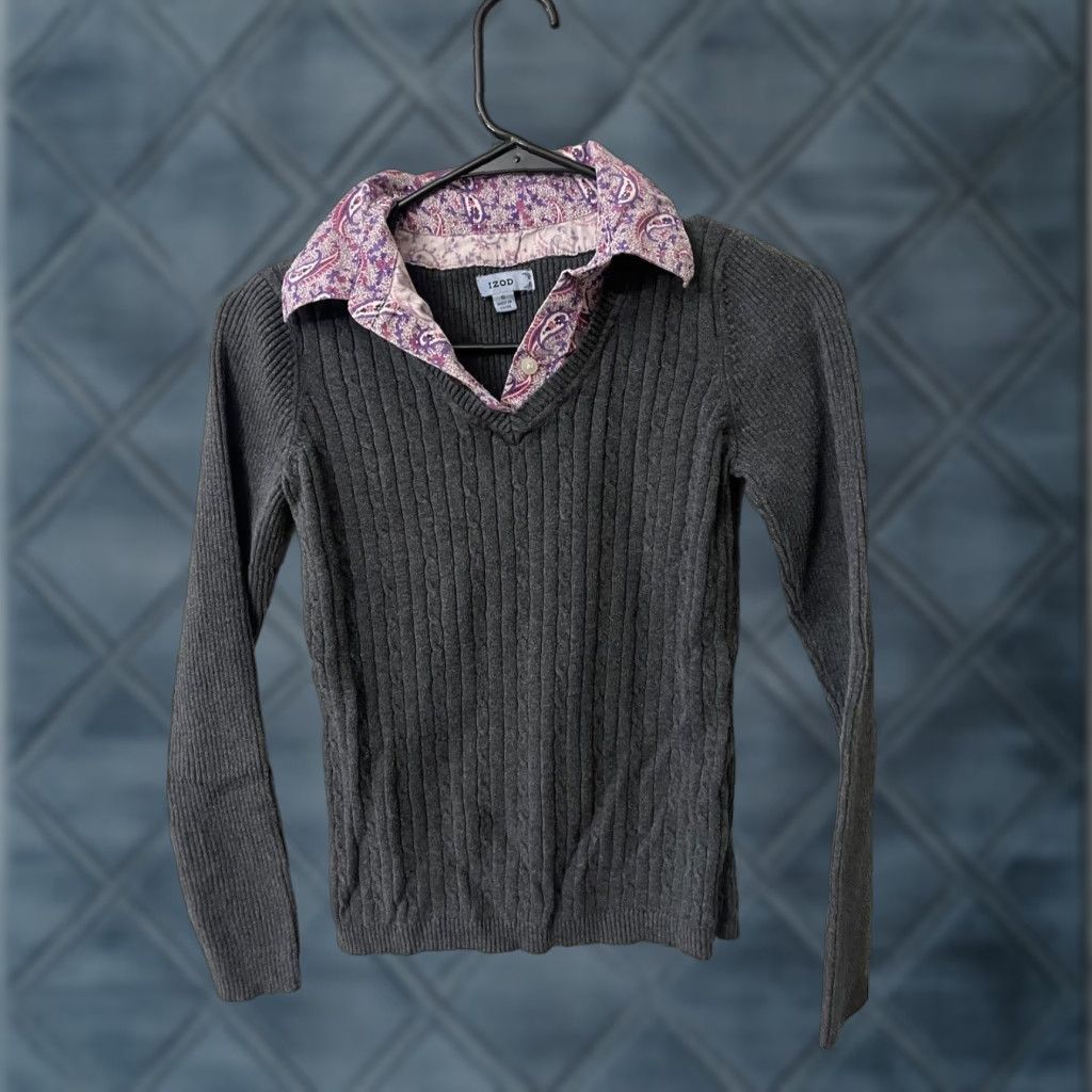 Izod IZOD VINTAGE Women's Sweater Gray Long Sleeve V-Neck Pullover 100% Cotton Size Small Size S / US 4 / IT 40 - 1 Thumbnail
