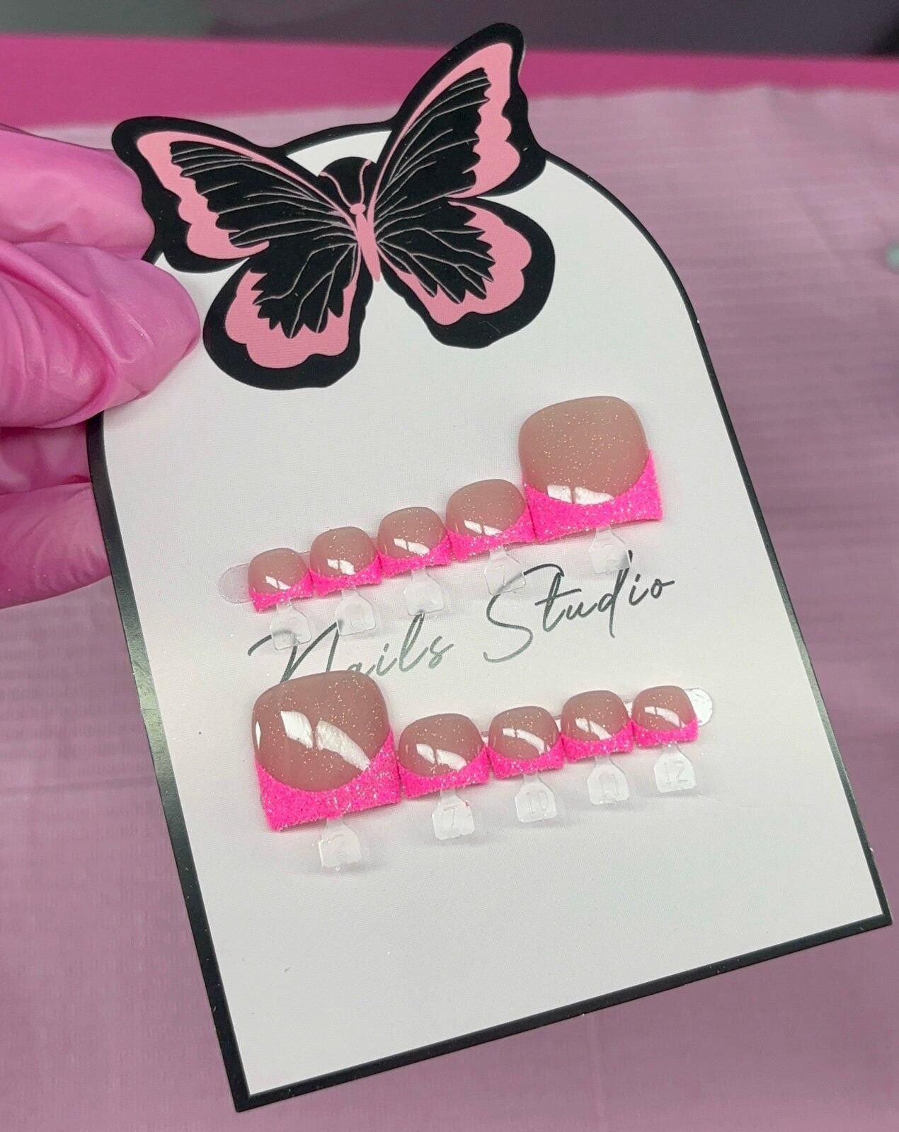 Handmade Press on toenails pink glitter French tips handmade custom Size ONE SIZE - 5 Thumbnail