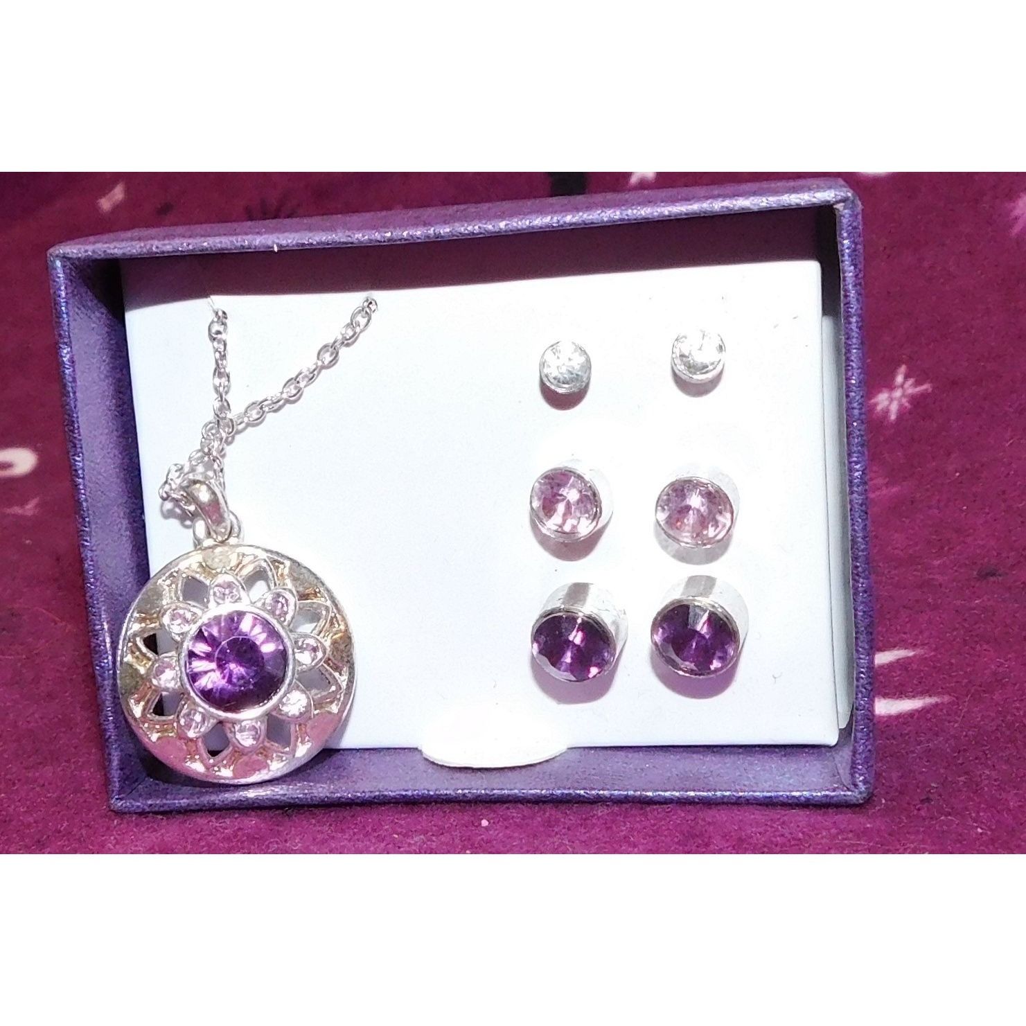 Other Silver And Purple Jewelry Set (Necklace, 3 Pairs Of Earrings Size ONE SIZE - 1 Thumbnail