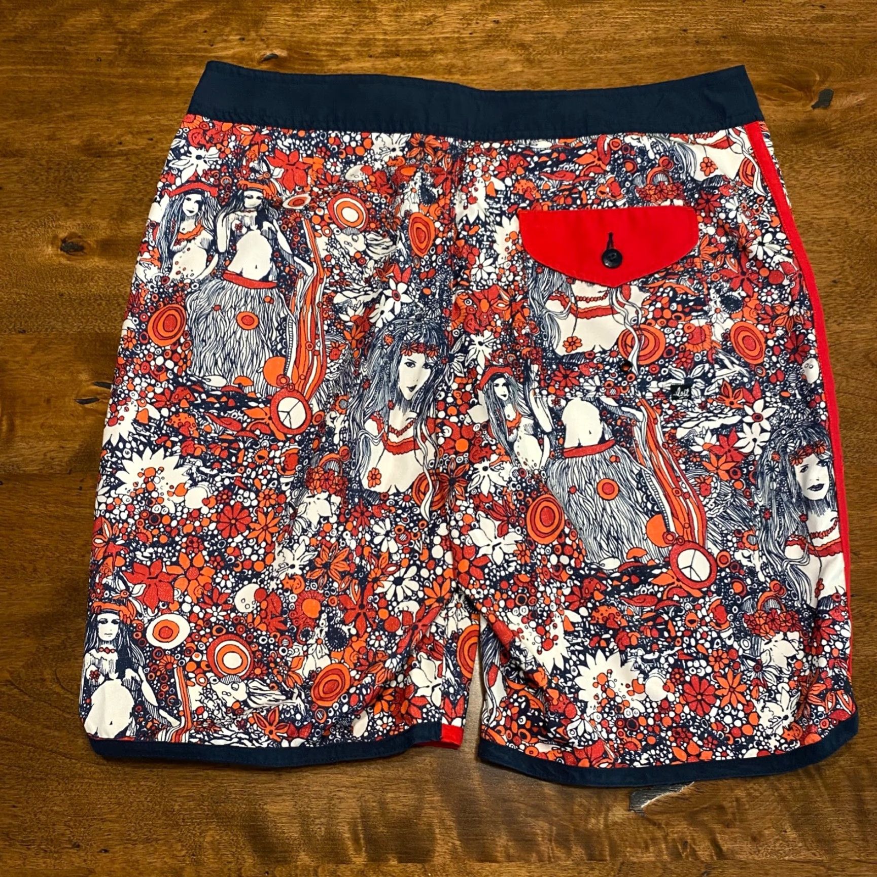 Vintage Lost Enterprises Swim Trunks Mens 31 Medium Red Hawaiian Girl Drawstring 8" In Size ONE SIZE - 7 Thumbnail