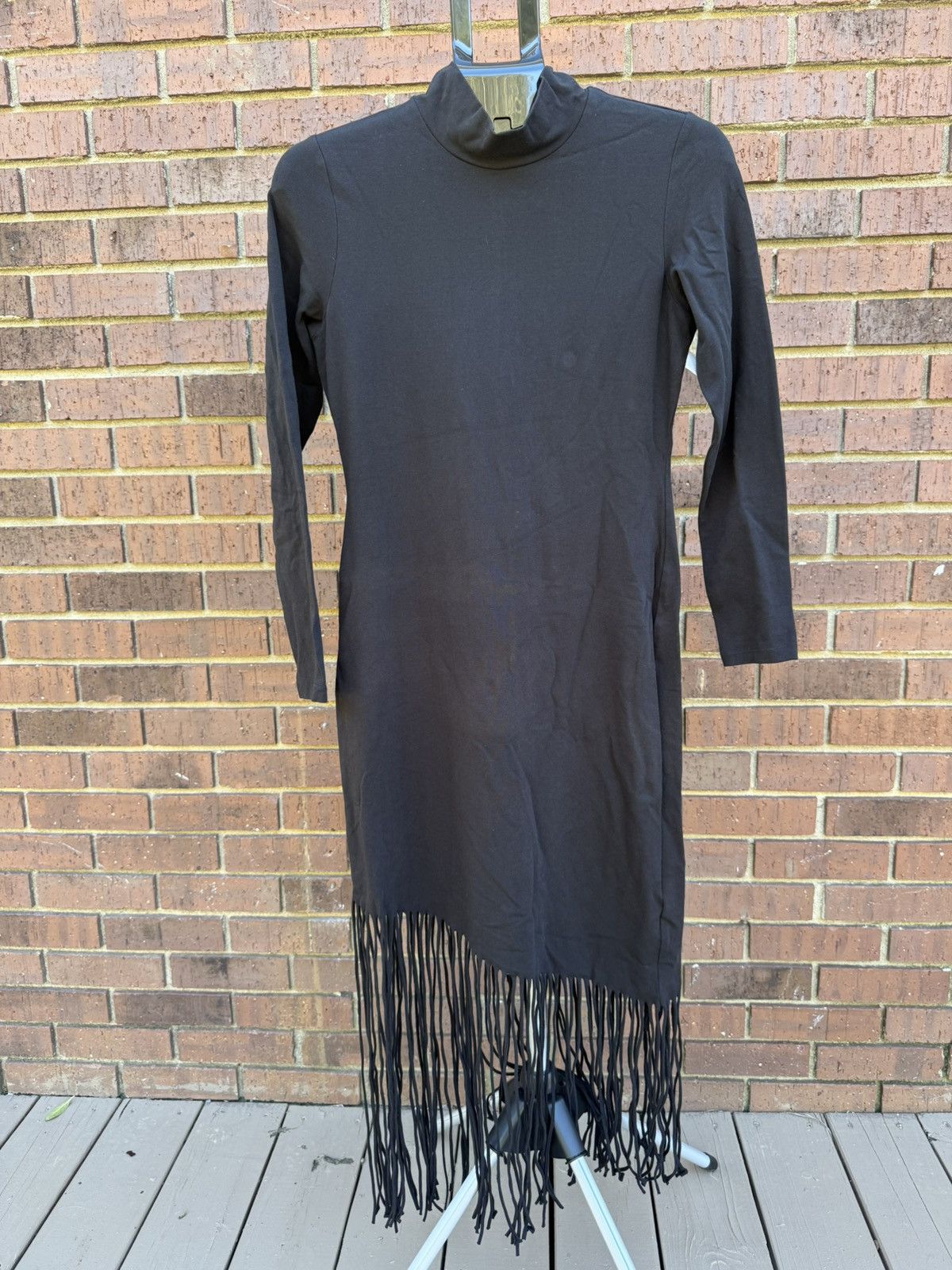 H&M H&M Solid Black Fringe Long Sleeve Dress Mock Neck Size M / US 6-8 / IT 42-44 - 1 Thumbnail