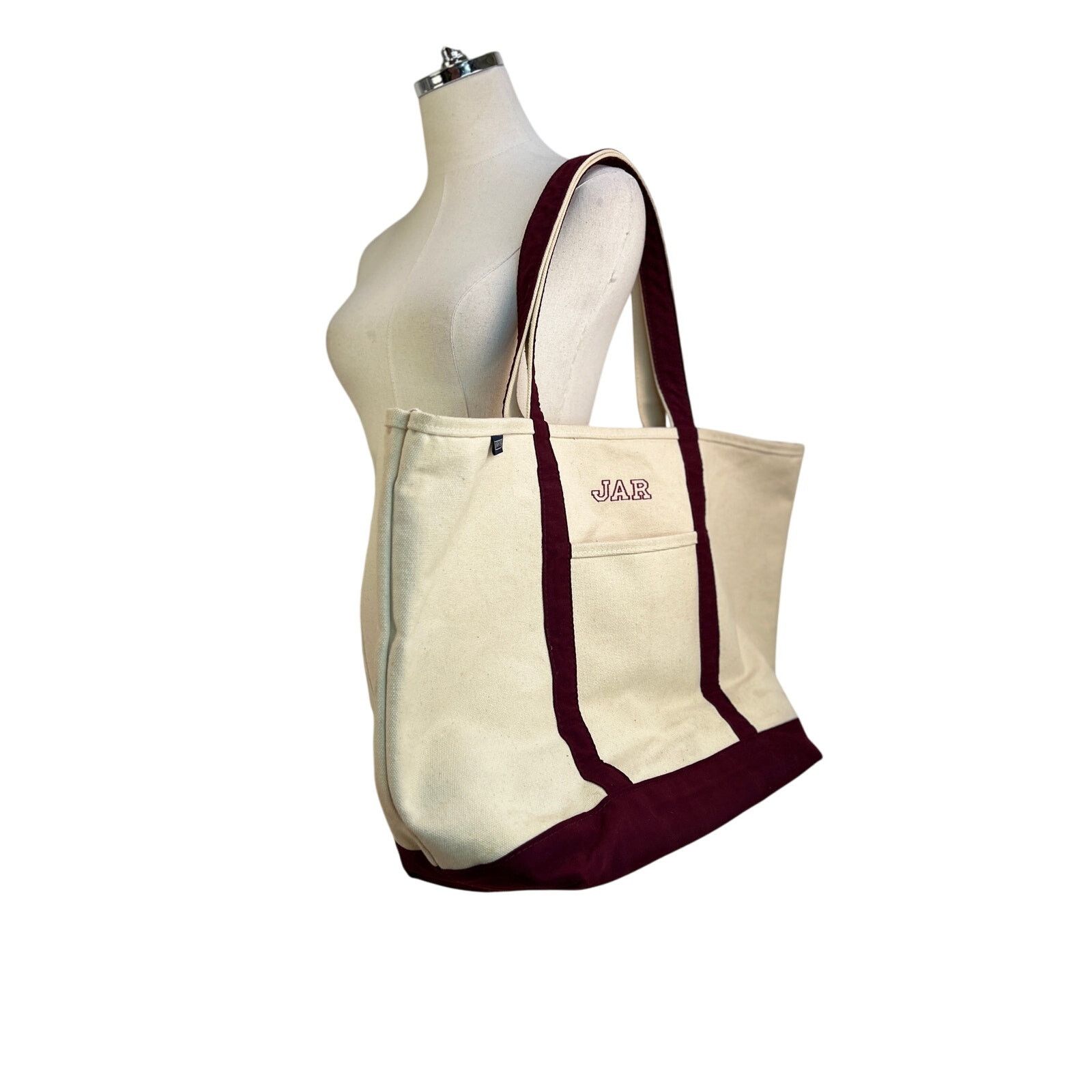Lands' End × Vintage L.L. Bean Boat Tote Canvas Burgundy Trim Size ONE SIZE - 4 Thumbnail