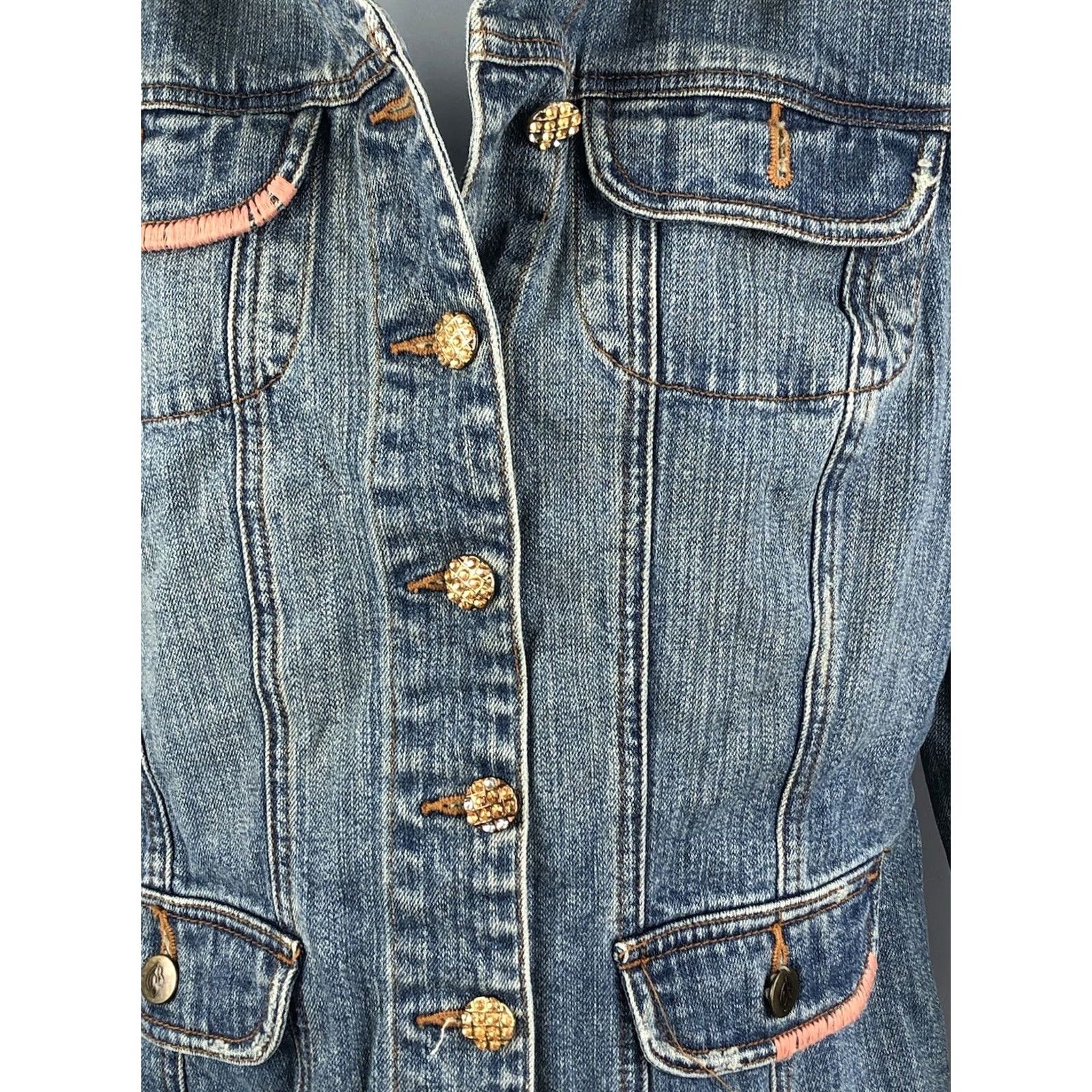 Denime Vintage Denim Jacket M Blue Jean Peach Bead Satin Patchwork Tapestry boho Hippie Size 32" / US 10 / IT 46 - 5 Thumbnail