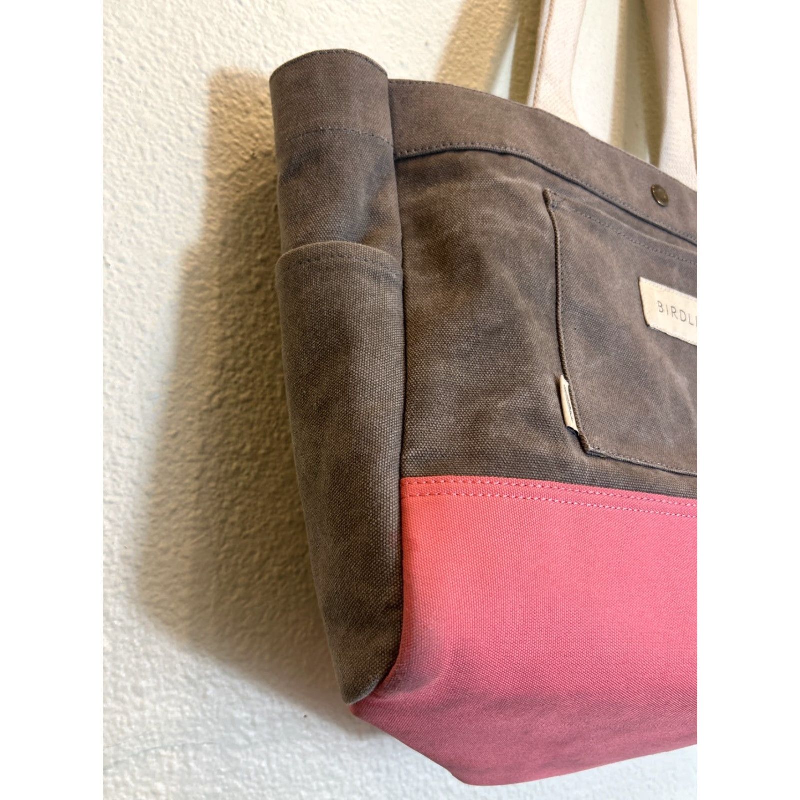 Vintage BIRDLING Tote Bag Medium Canvas Gray Pink Shoulder Interior Pouch 14x11x7 Unisex Adults Large Gray Hardware Pockets Size ONE SIZE - 2 Thumbnail