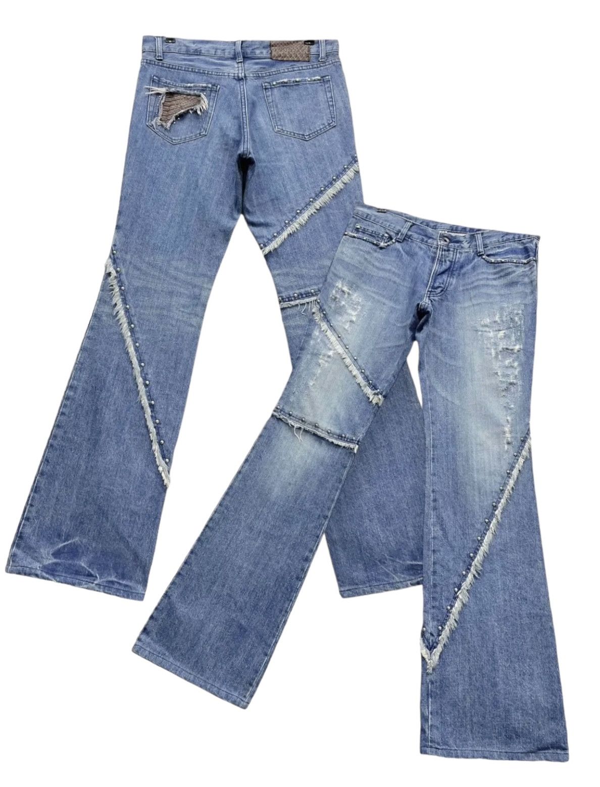 5351 POUR LES HOMMES FYE💥Vtg 5351 HOMMES Distressed Spliced Frayed Studded Flare Size US 31 - 1 Thumbnail