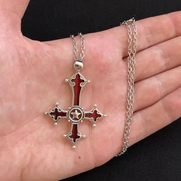 Jewelry Chrome Red Silver Cross Goth God Pendant Necklace Star Demon Size ONE SIZE - 2 Thumbnail