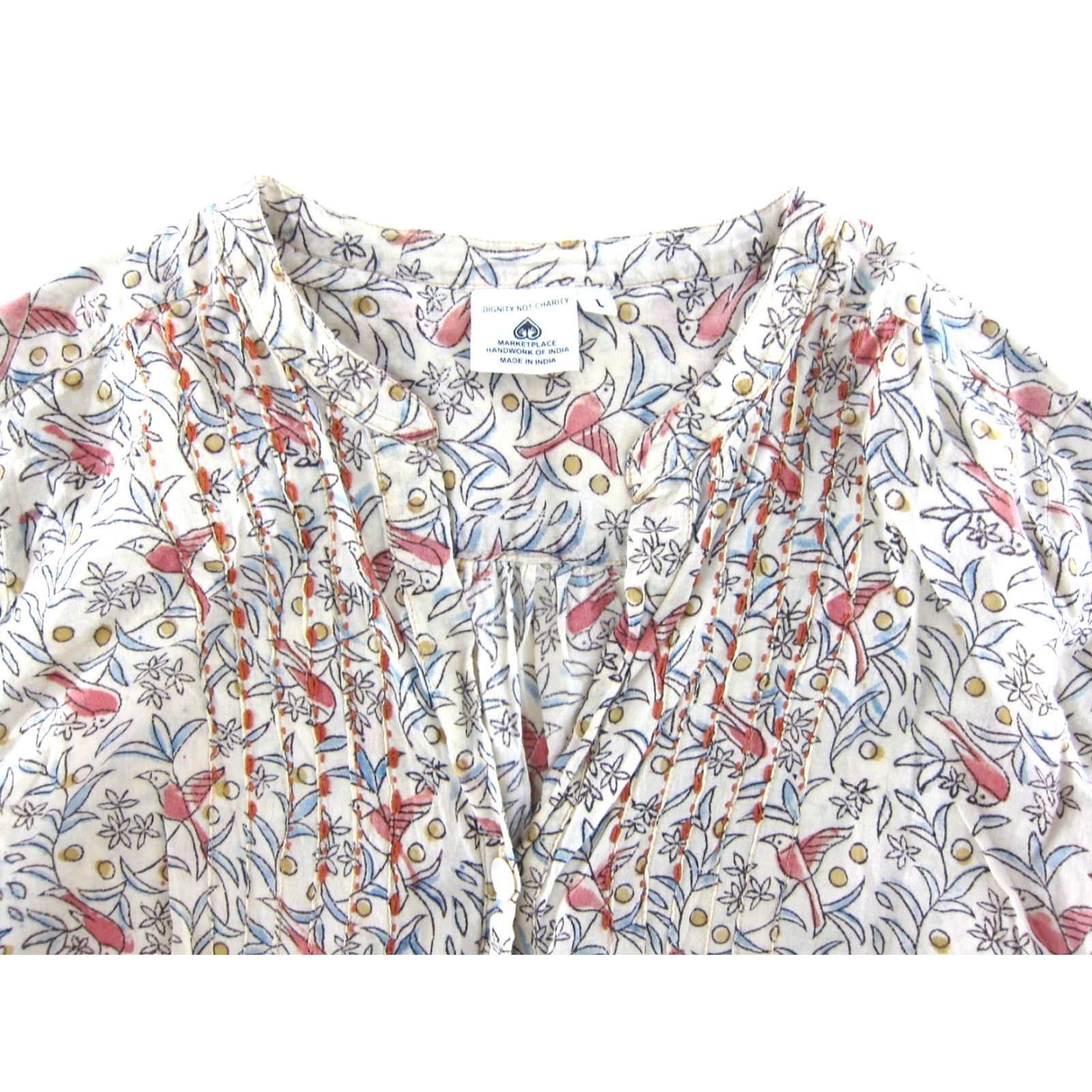 Vintage Dignity Not Charity India Ivory Blue Pink Floral Button Long Sleeve Blouse Large Size L / US 10 / IT 46 - 4 Thumbnail