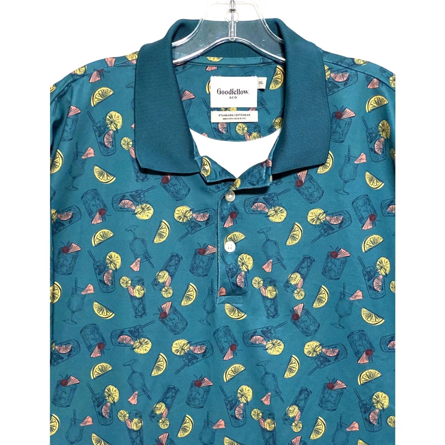 Vintage Goodfellow & Co Polo Shirt Mens XXL Cocktail Drinks Tropical Fruit All Over Print AOP Geometric Short Sleeve Surf Golf Resort Size US XXL / EU 58 / 5 - 2 Thumbnail
