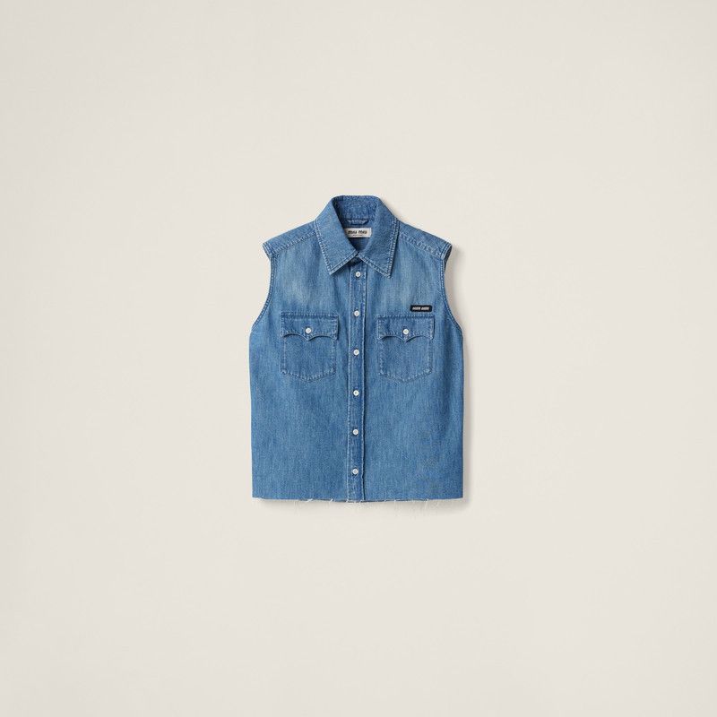 Miu Miu o1B3y1r0526 Sleeveless Chambray Shirt in Blue Size XL / US 12-14 / IT 48-50 - 1 Thumbnail