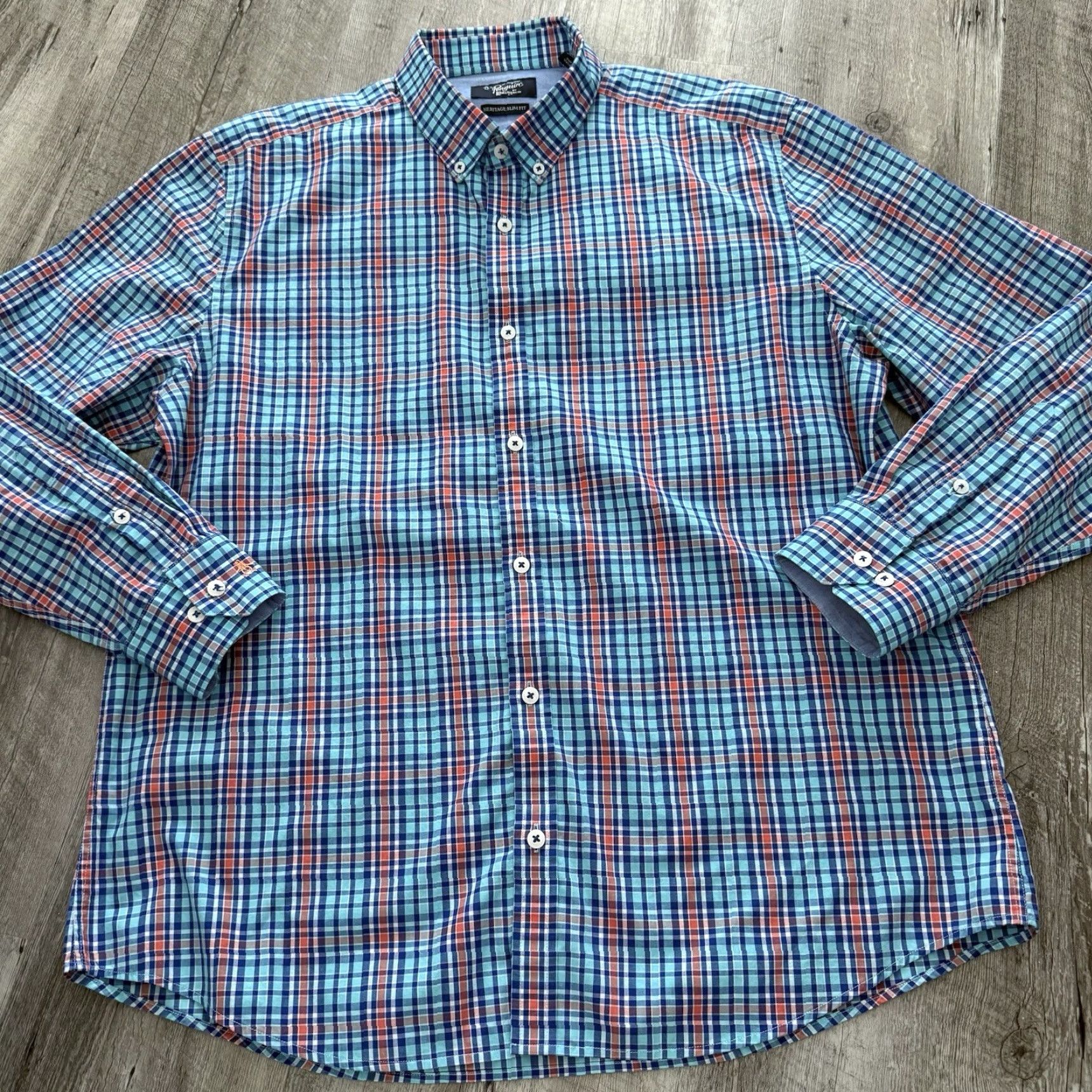 Original Penguin Original Penguin Shirt Mens 16.5 32/33 Blue Heritage Slim Fit Plaid Button Up Size US XL / EU 56 / 4 - 3 Thumbnail