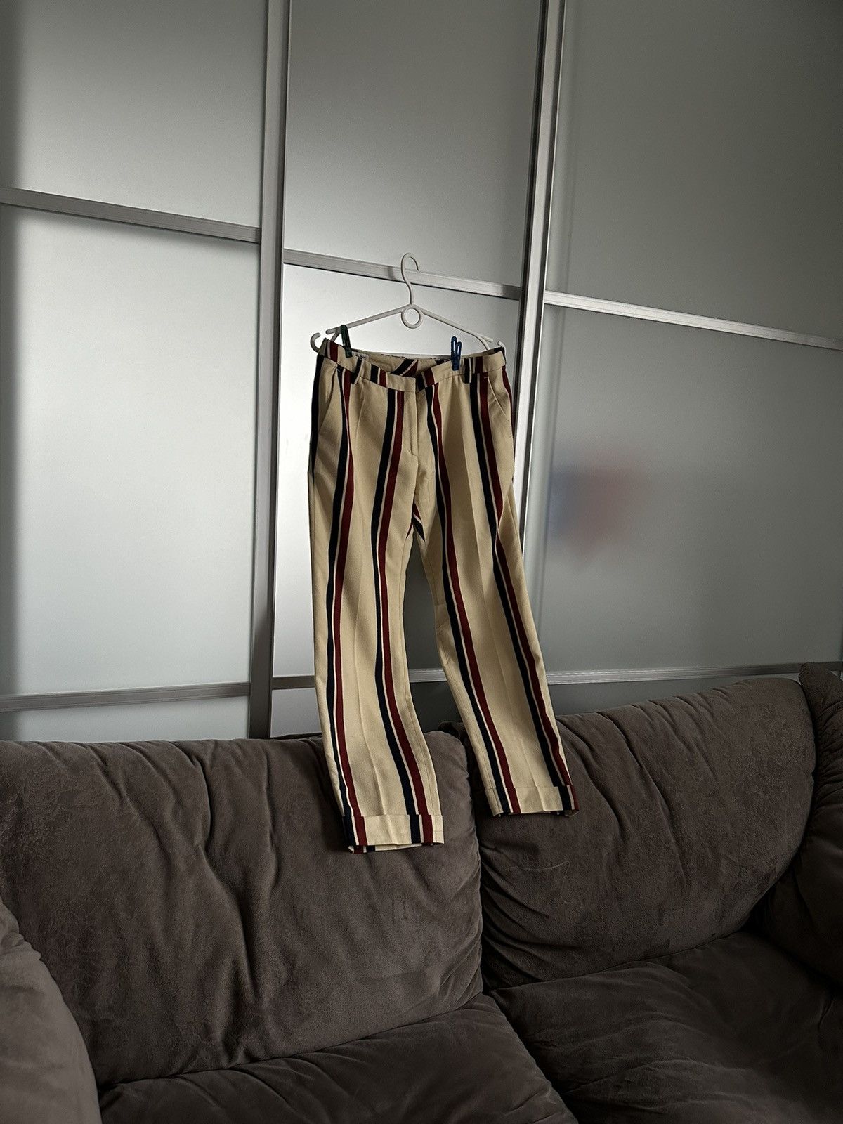 image of Dries Van Noten Archive Striped Wide Leg Wool Pants in White, Women's (Size 38)
