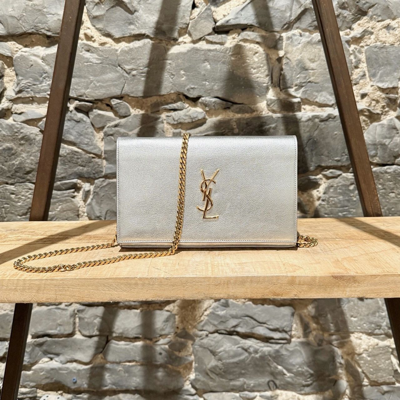 Saint Laurent Paris Saint Laurent Silver Metallic Kate Monogram On Chain Clutch Size ONE SIZE - 1 Thumbnail