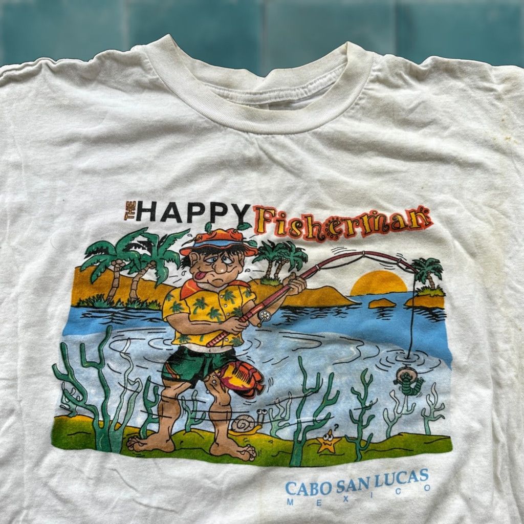 Vintage VINTAGE T-Shirt Happy Fisherman Funny Joke Humor Adult XL White - 90s Vintage Theme Mens Tee Size US XL / EU 56 / 4 - 1 Thumbnail