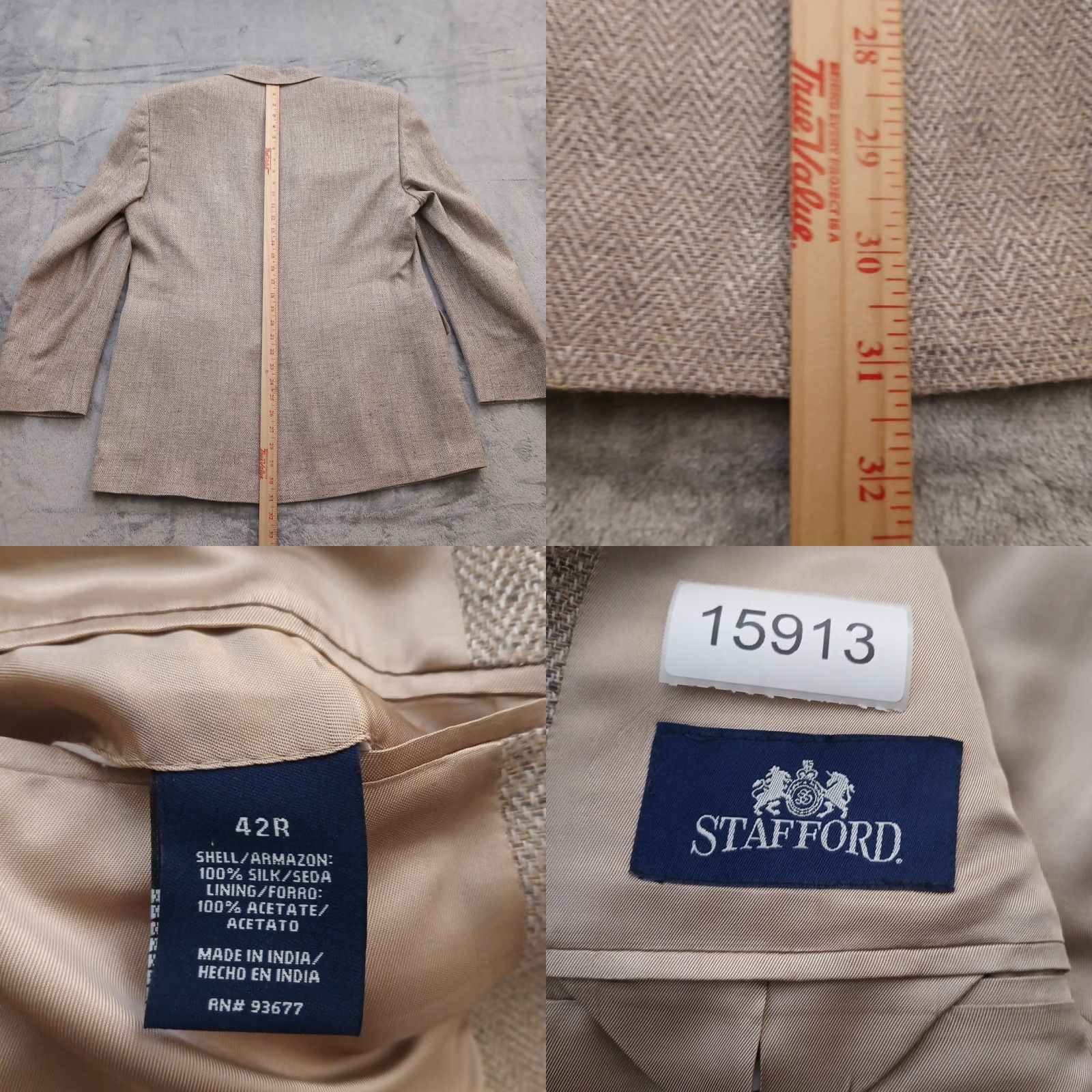 Stafford Stafford Blazer Mens Size 42 Gray Herringbone Silk Single Breasted Two-Button Notch Lapel 2 Piece Vent Single-Vented Size 42R - 8 Thumbnail